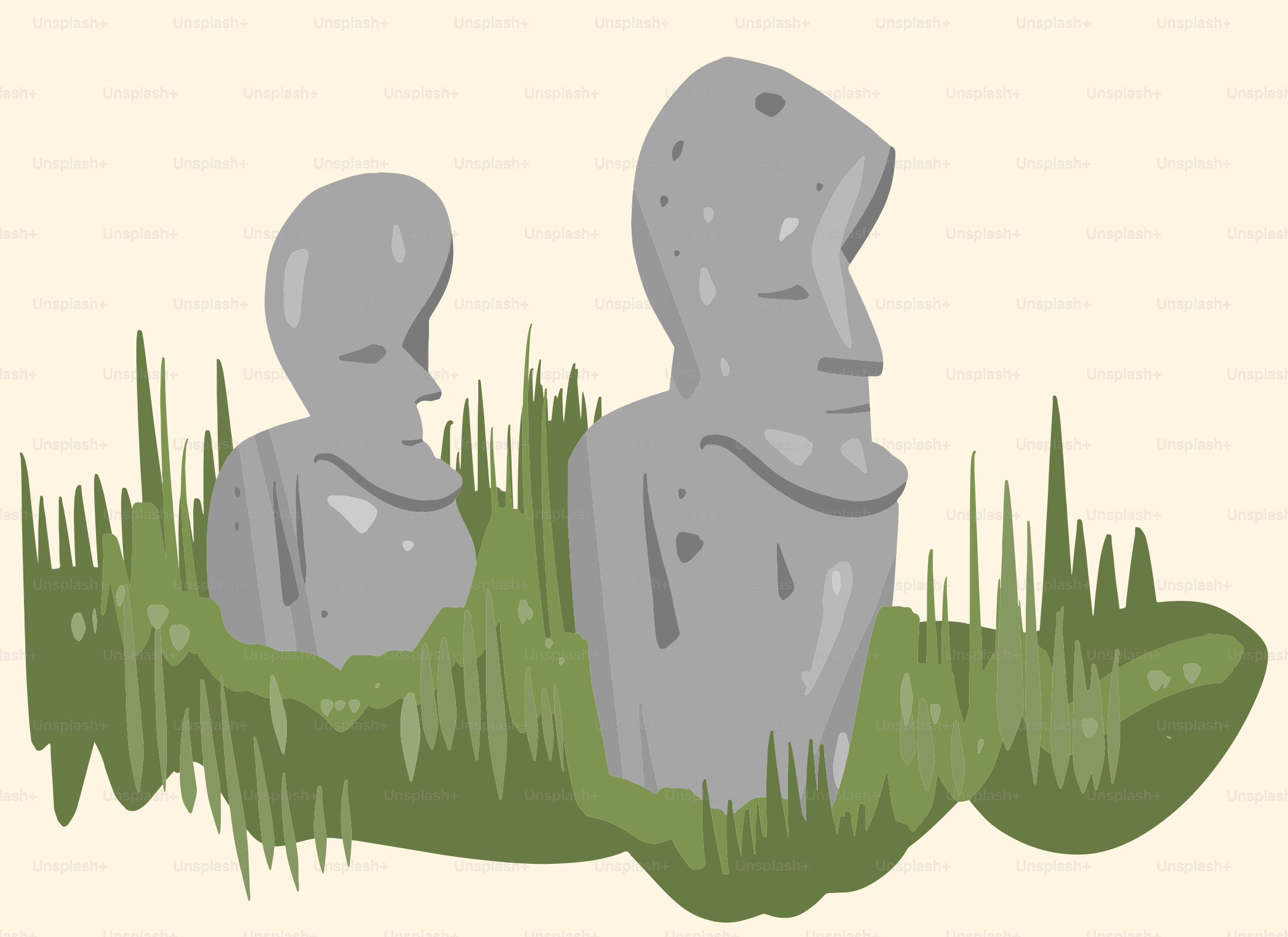 Un paio di rocce appoggiate sopra un campo verde e rigoglioso