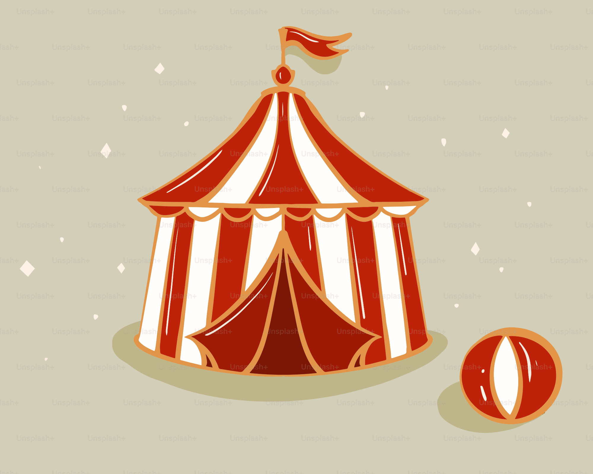 A red and white circus tent with a flag