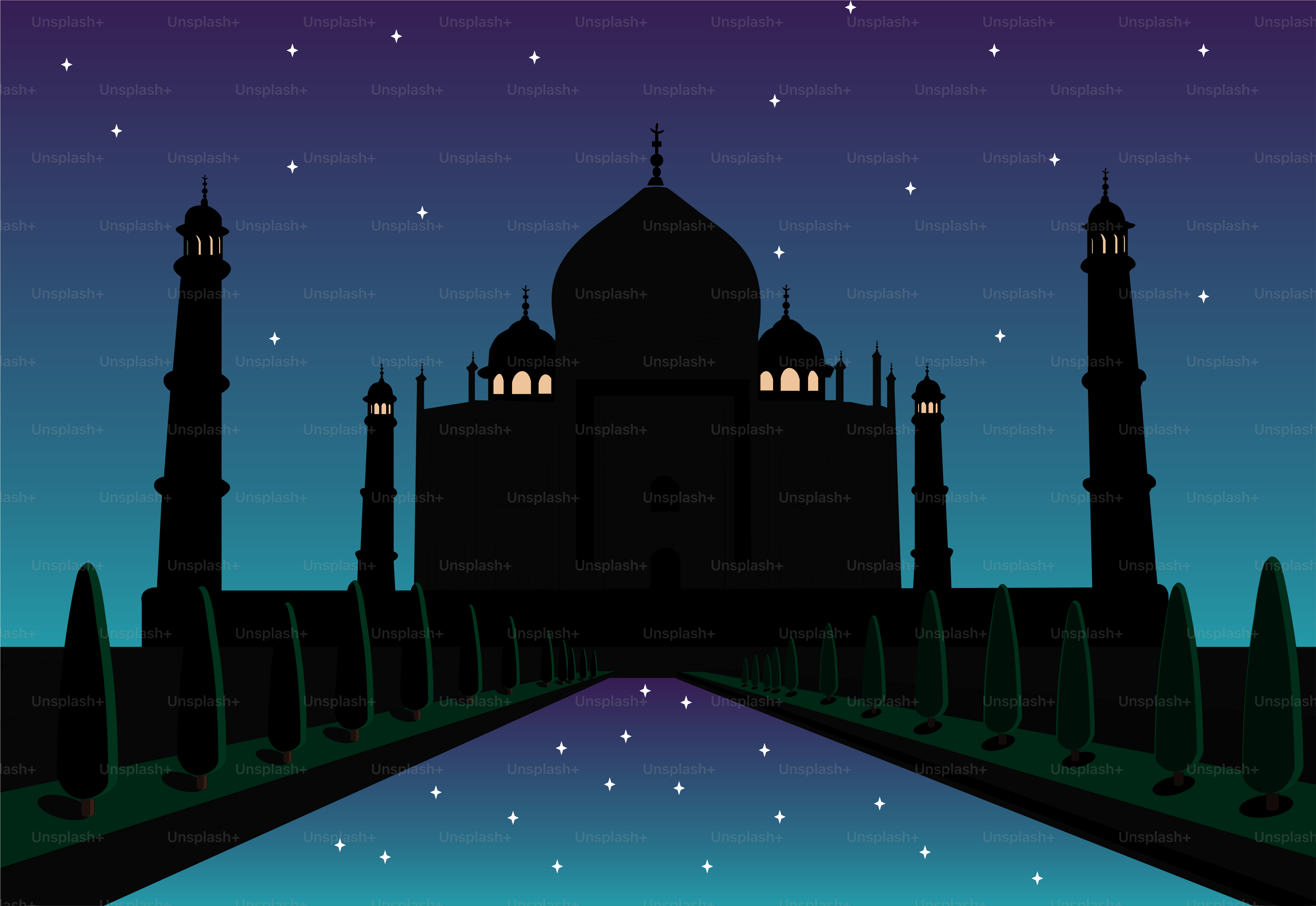 A night scene with a reflection of a building in the water