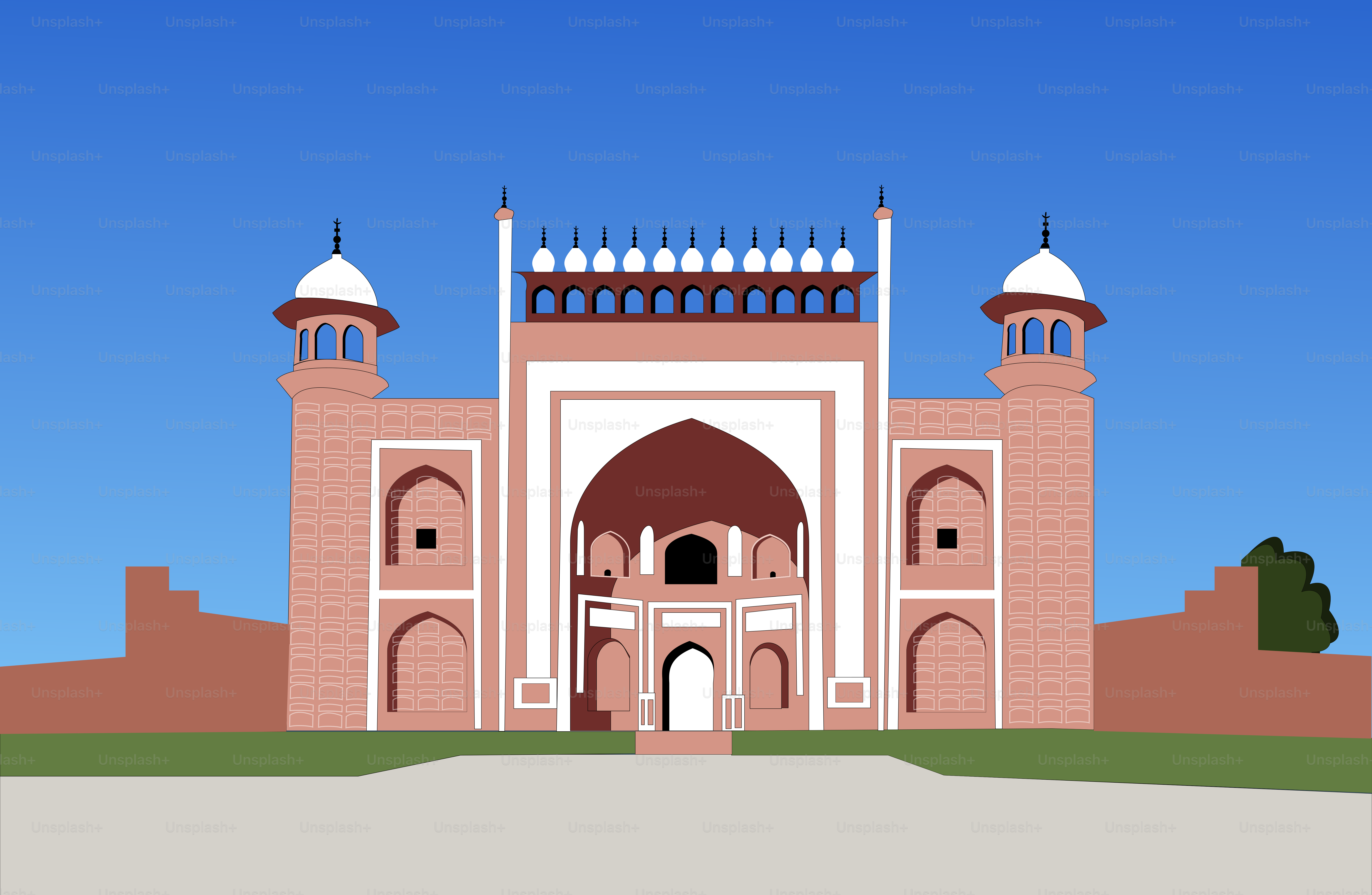 A drawing of a large building with two towers