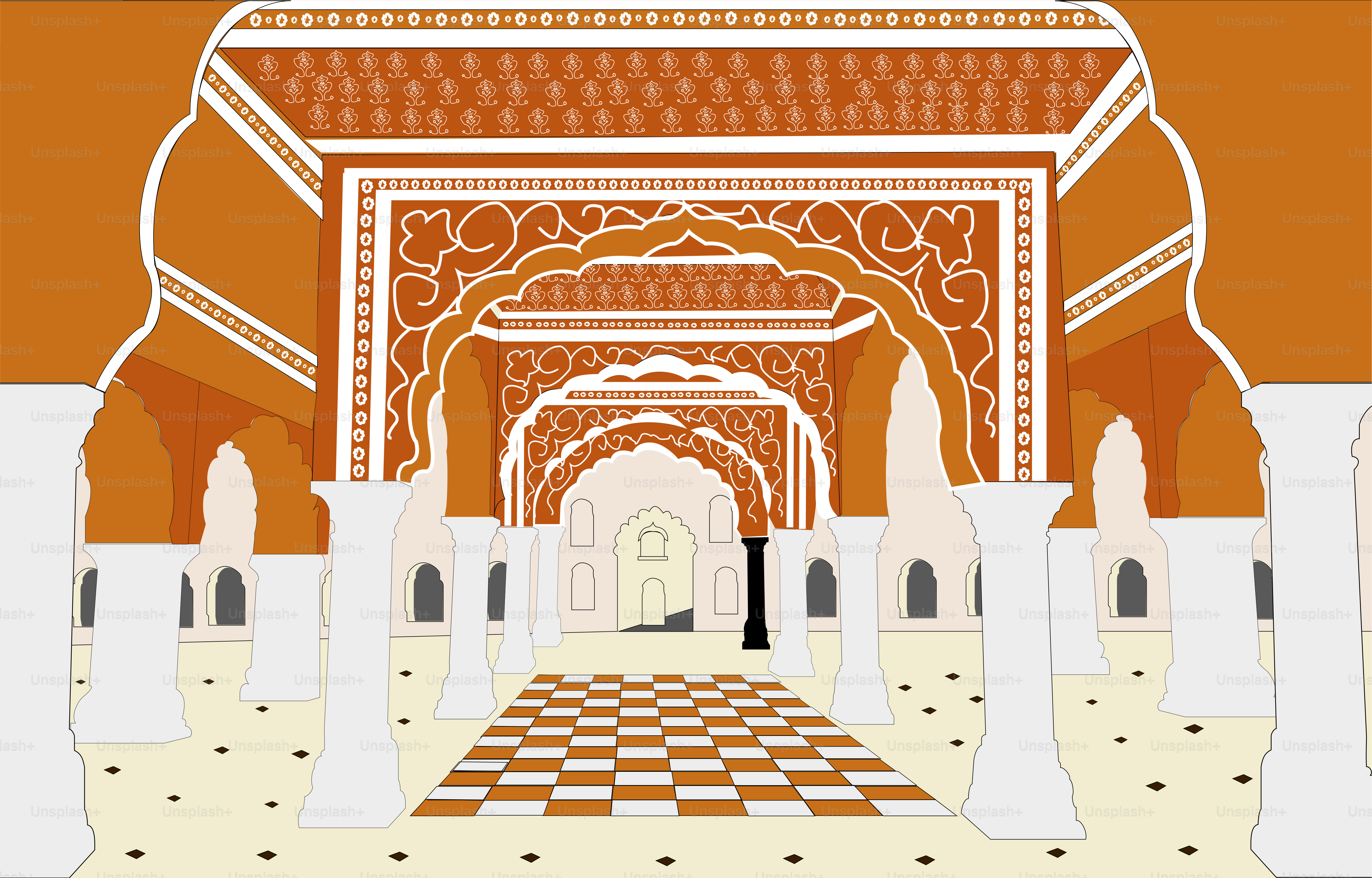 An orange and white building with a checkered floor