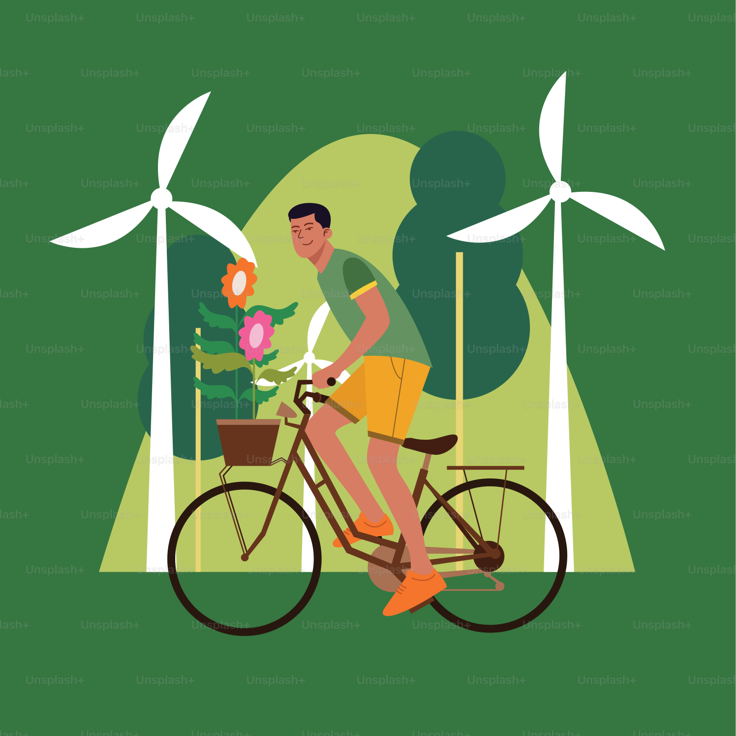 A man riding a bike with windmills in the background