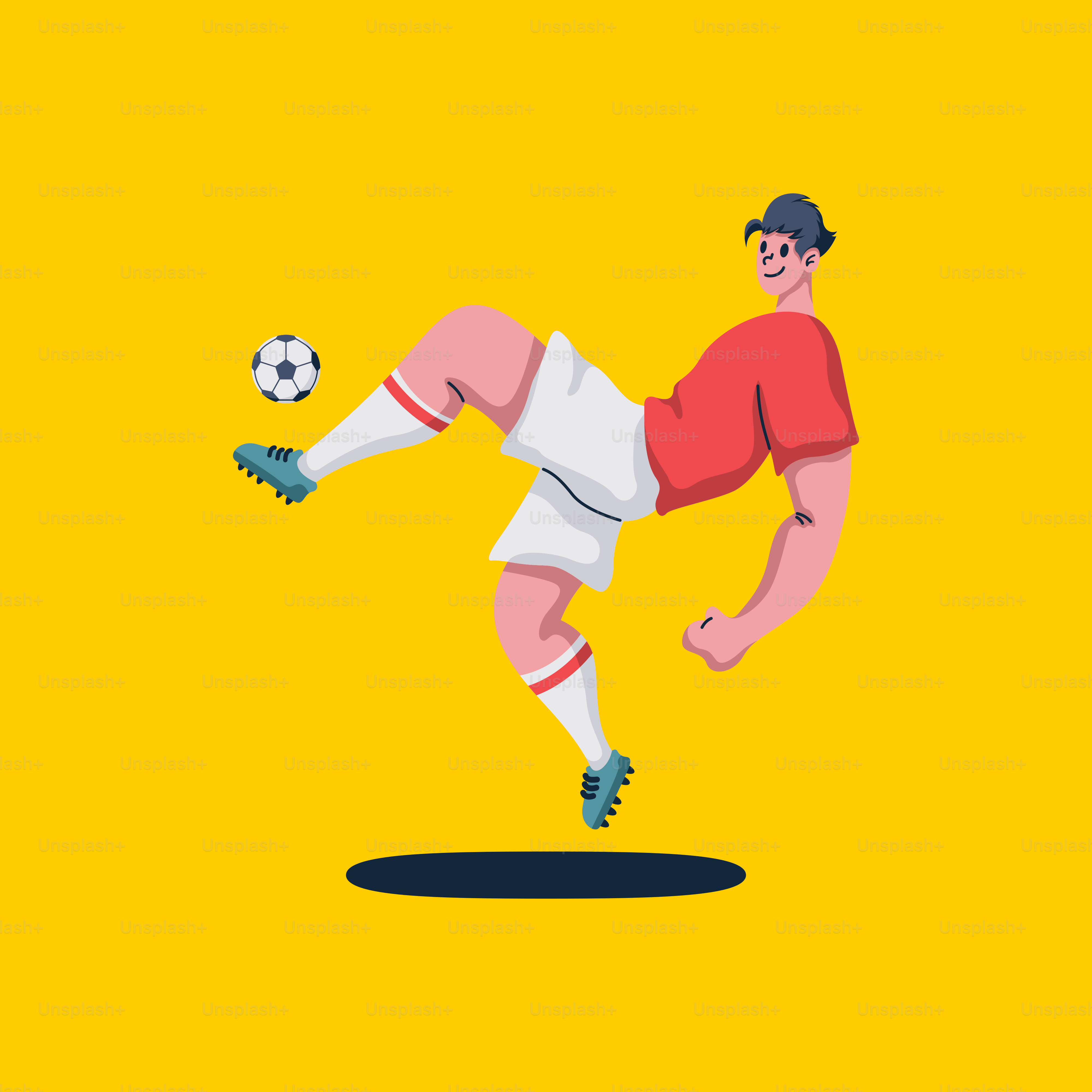 A man kicking a soccer ball on a yellow background