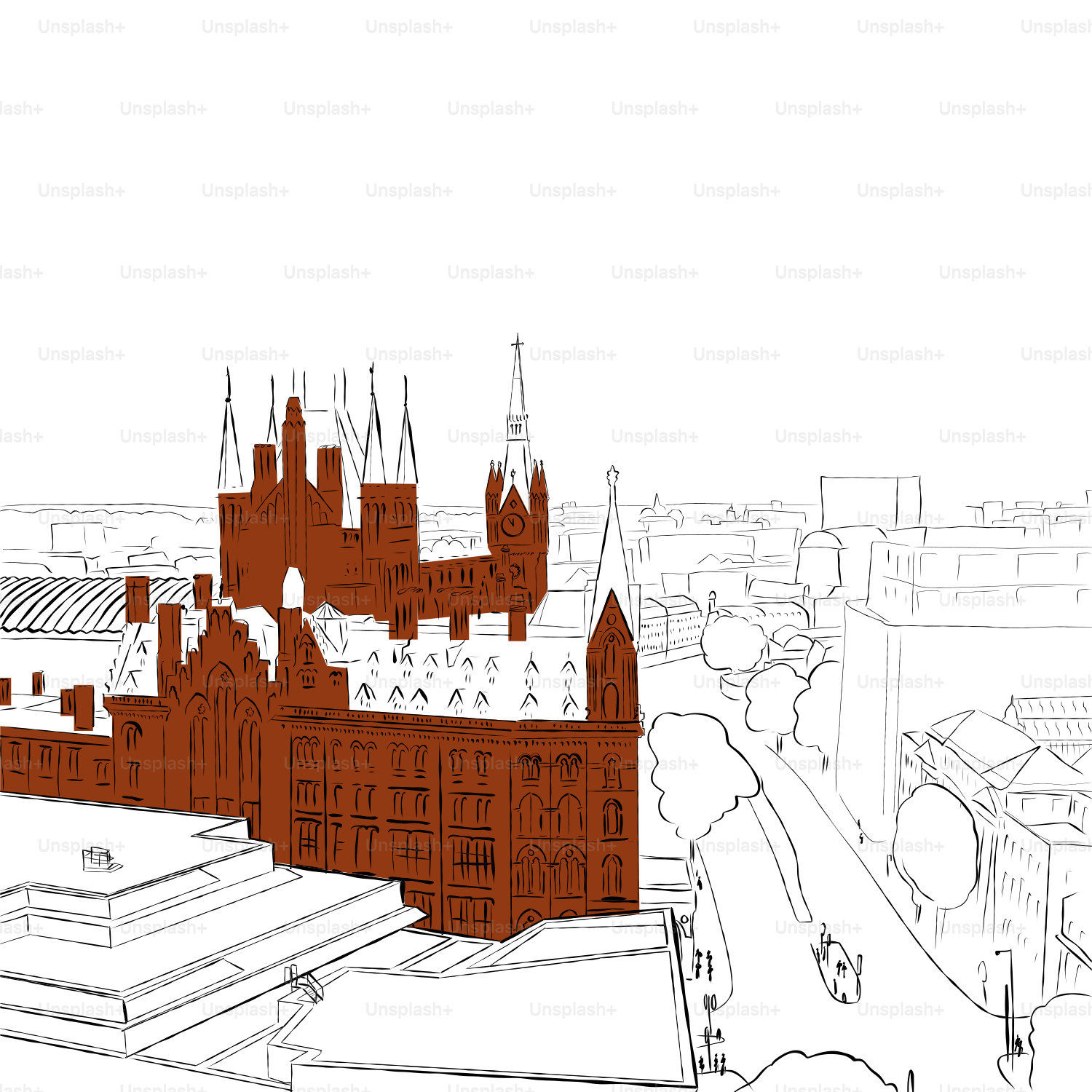 A drawing of a city with a red castle