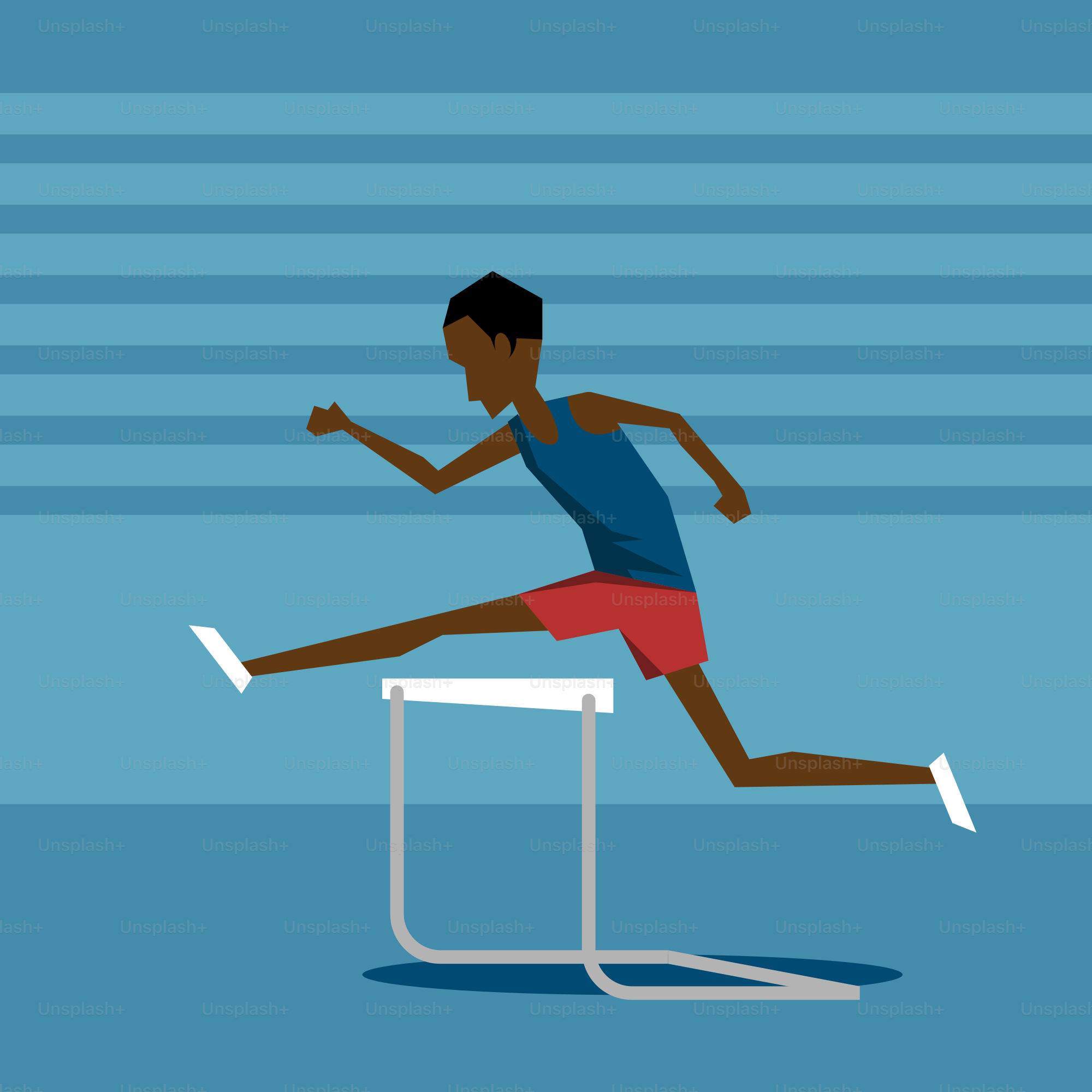 A man running over a hurdle on a blue background