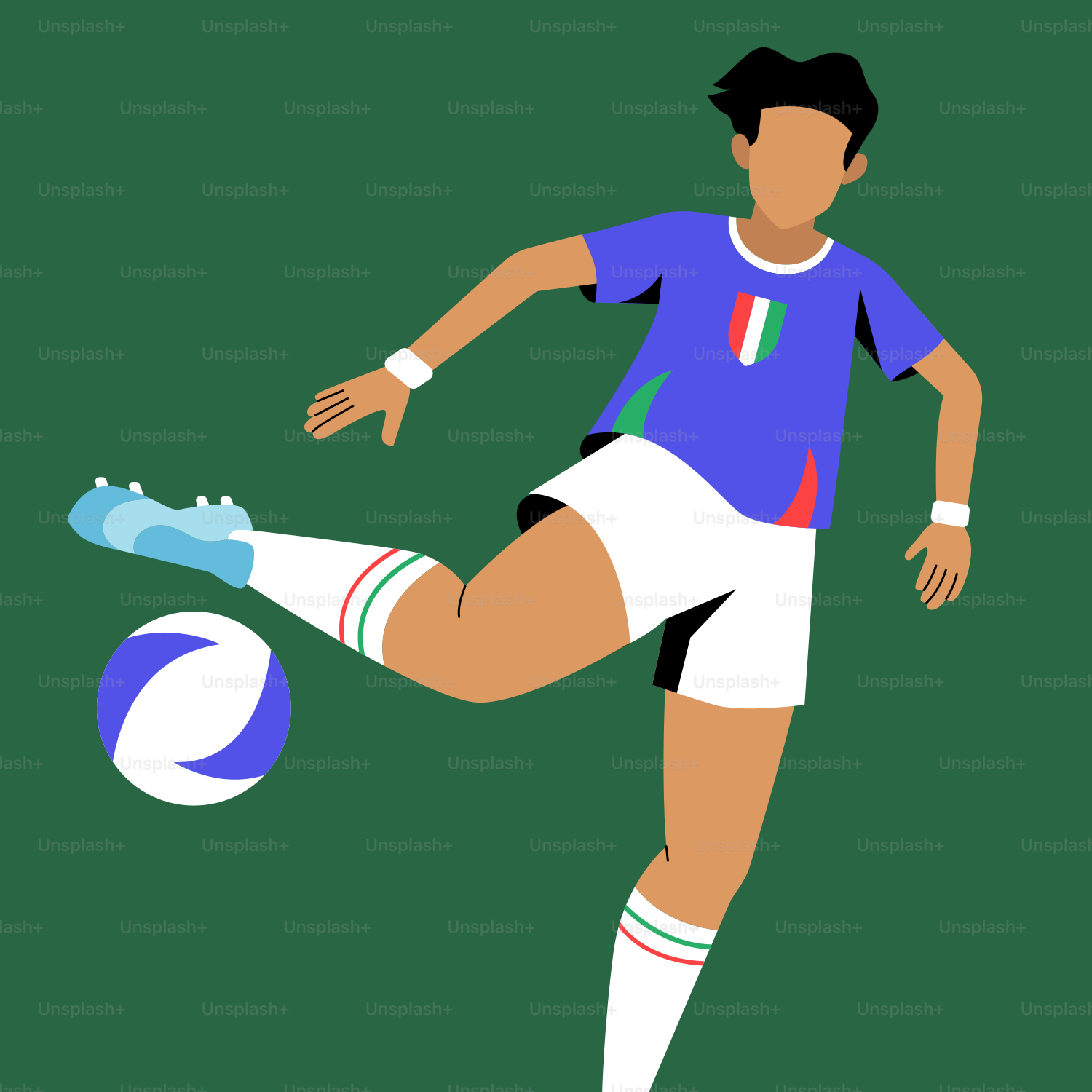A woman kicking a soccer ball on a green field