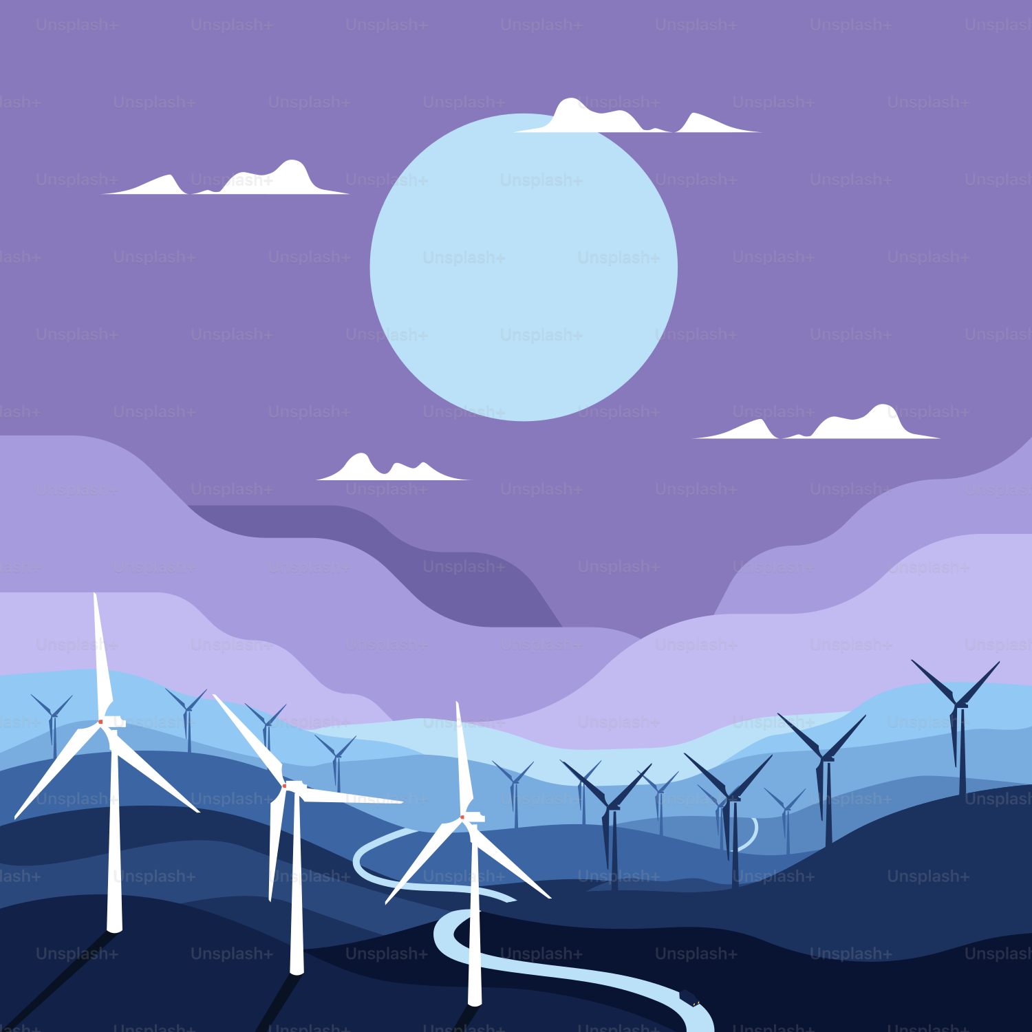 Un parque eólico con molinos de viento al fondo