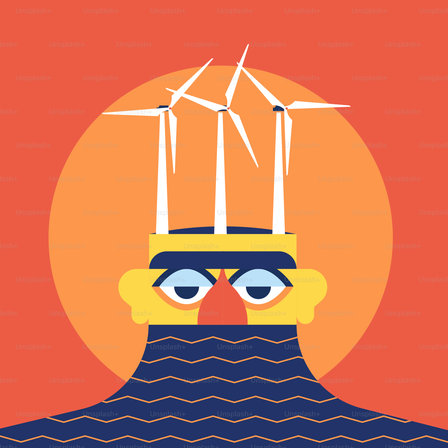 Un hombre con turbinas eólicas en la cabeza