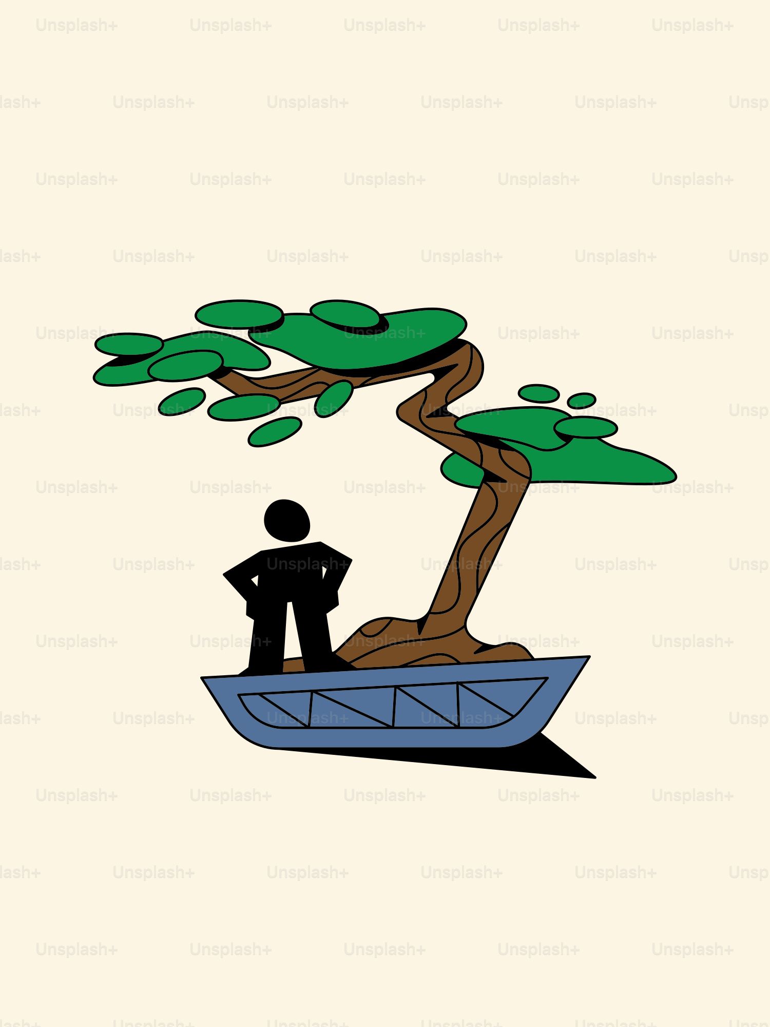 A man standing on top of a boat under a tree