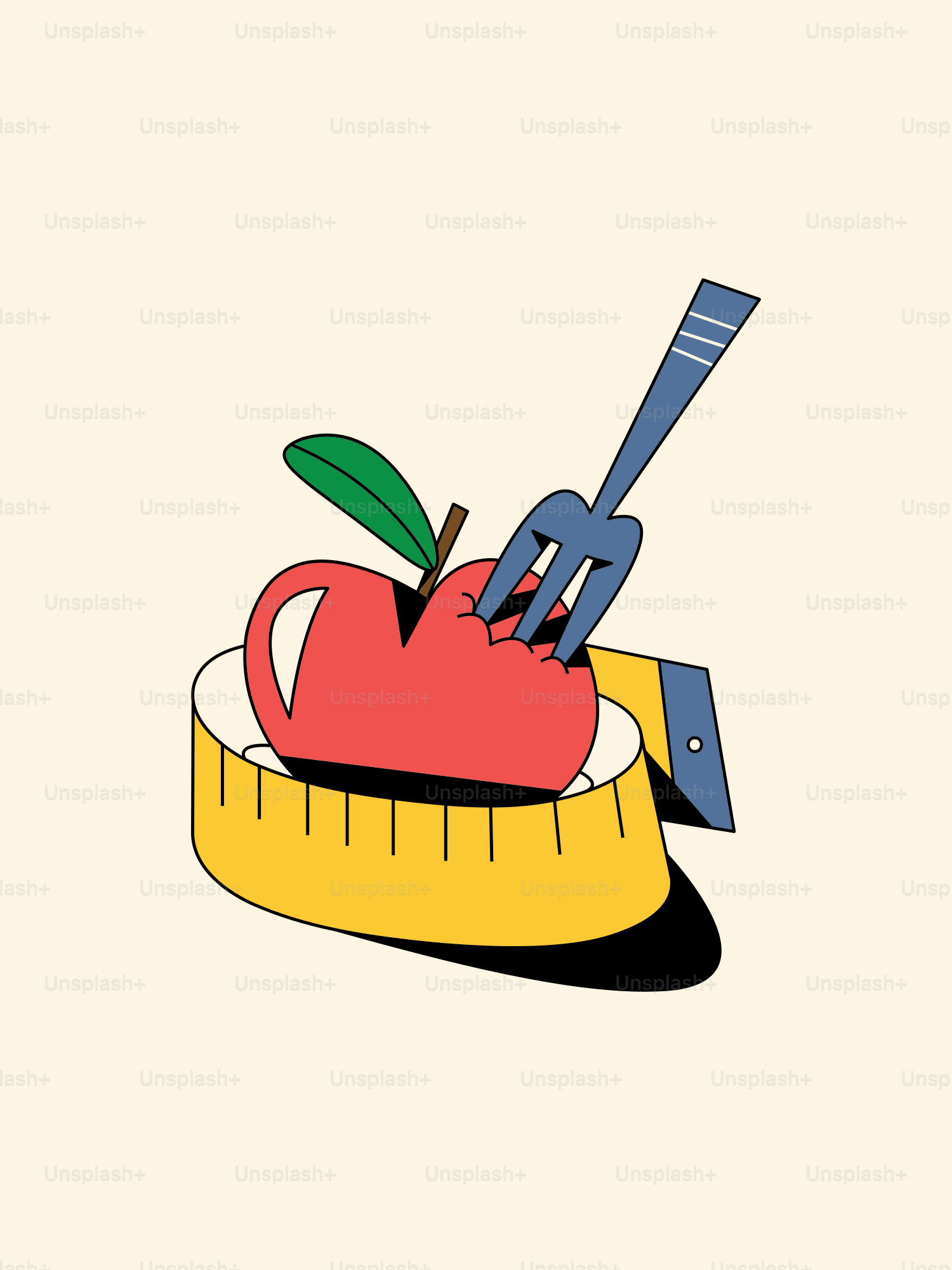 Ein Apfel und ein Maßband mit Messer und Gabel