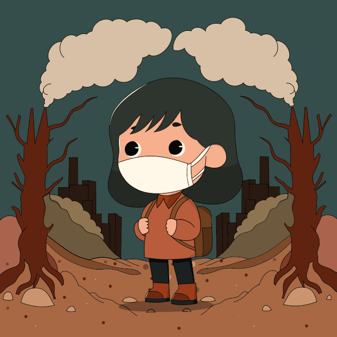 A woman wearing a face mask standing in front of a forest