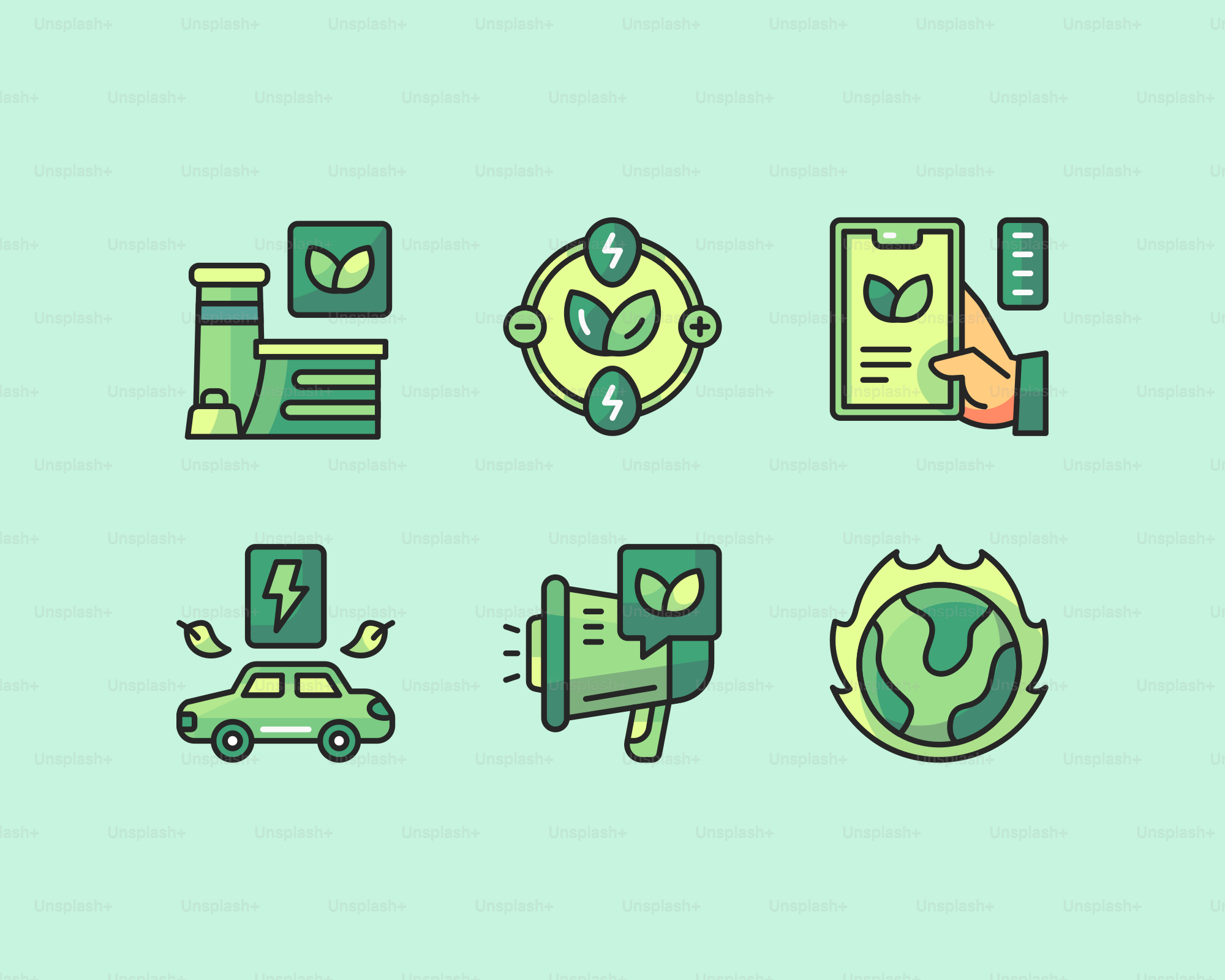 Un fond vert et bleu avec diverses icônes