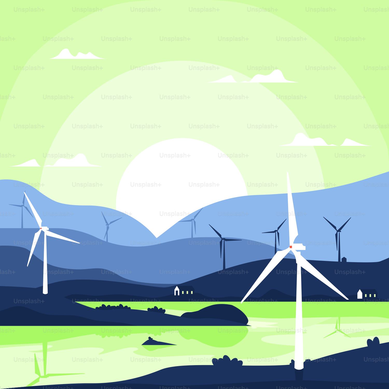 Un paisaje verde con molinos de viento al fondo