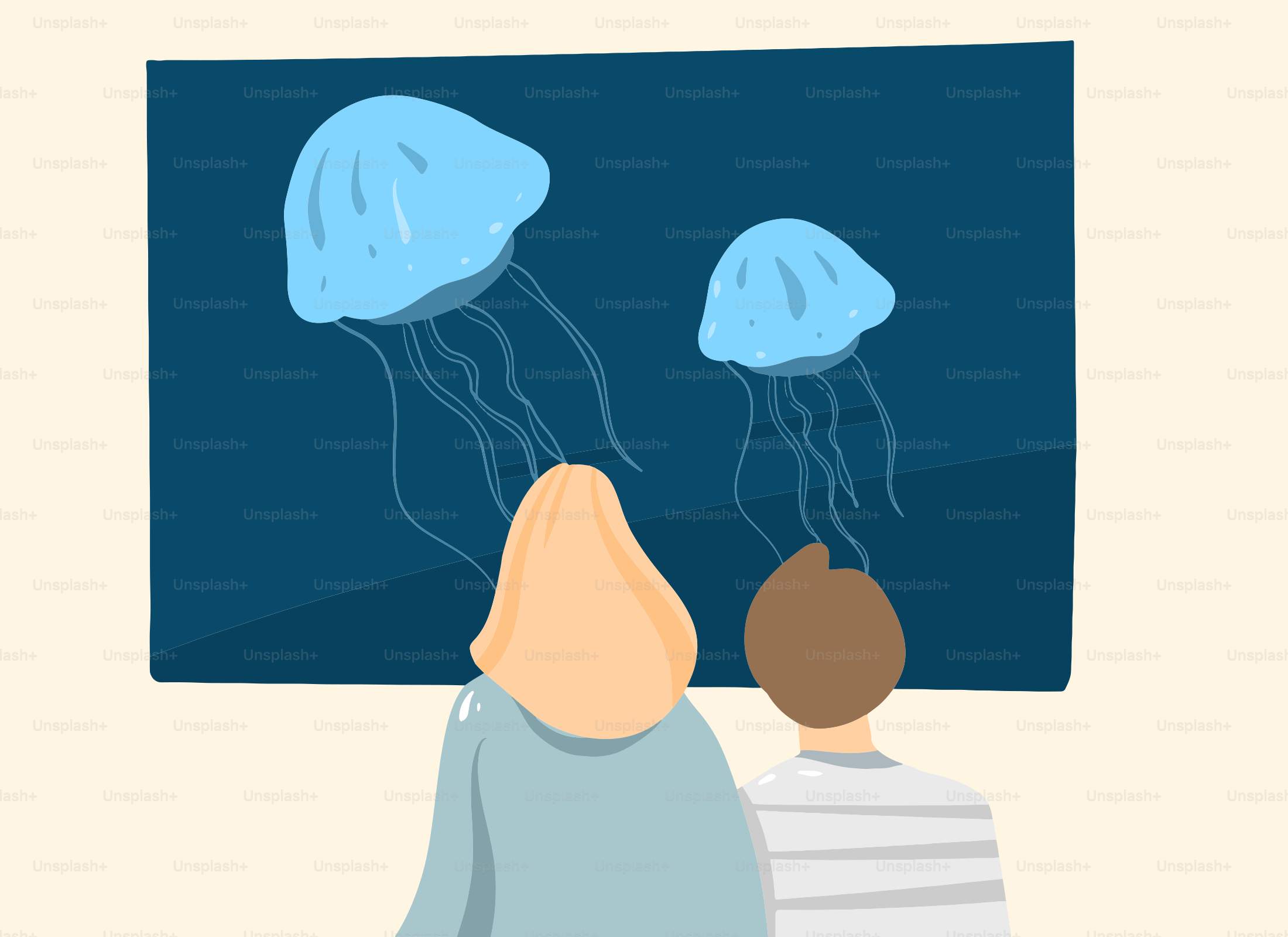 Two people looking at a picture of jellyfish