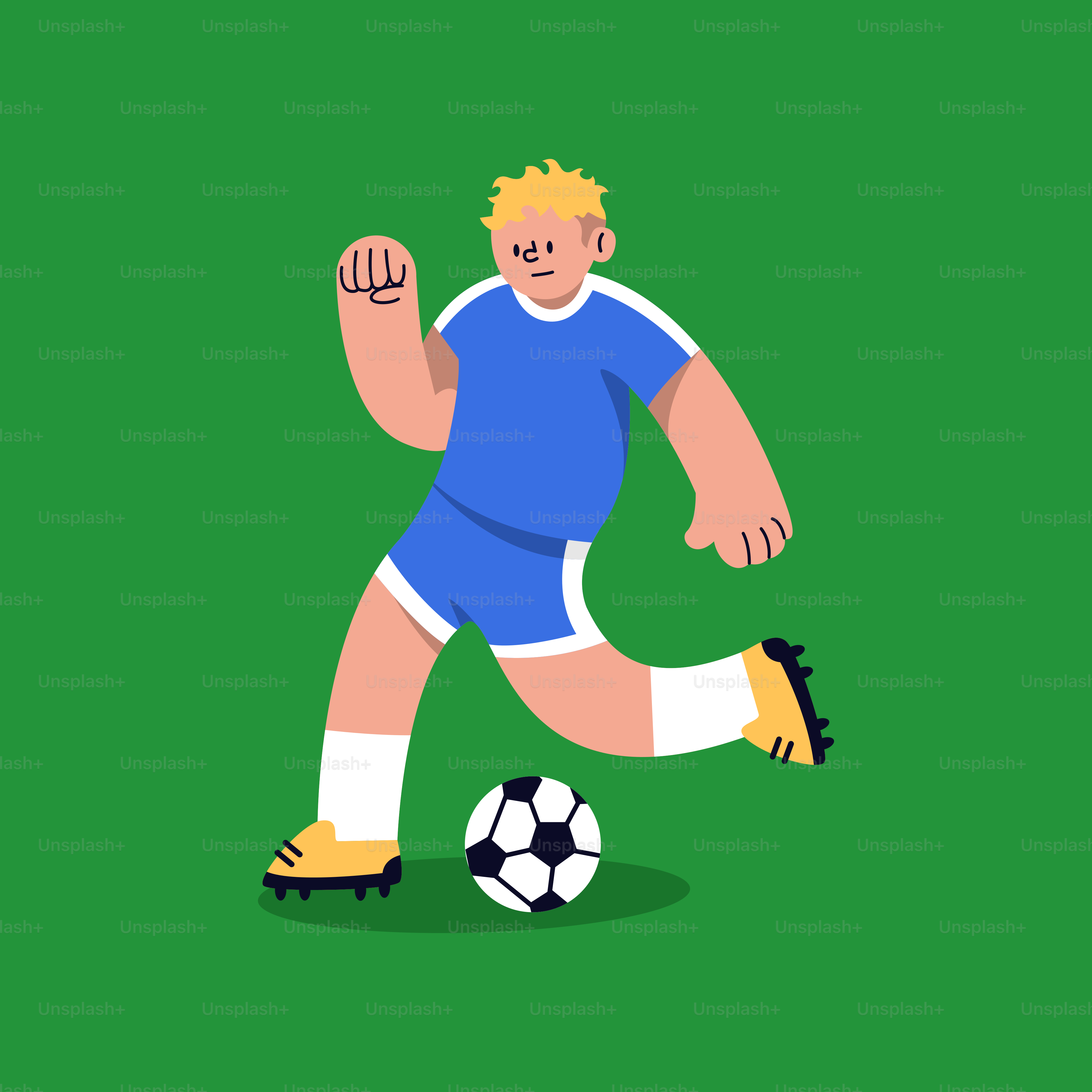 A man kicking a soccer ball on a green field