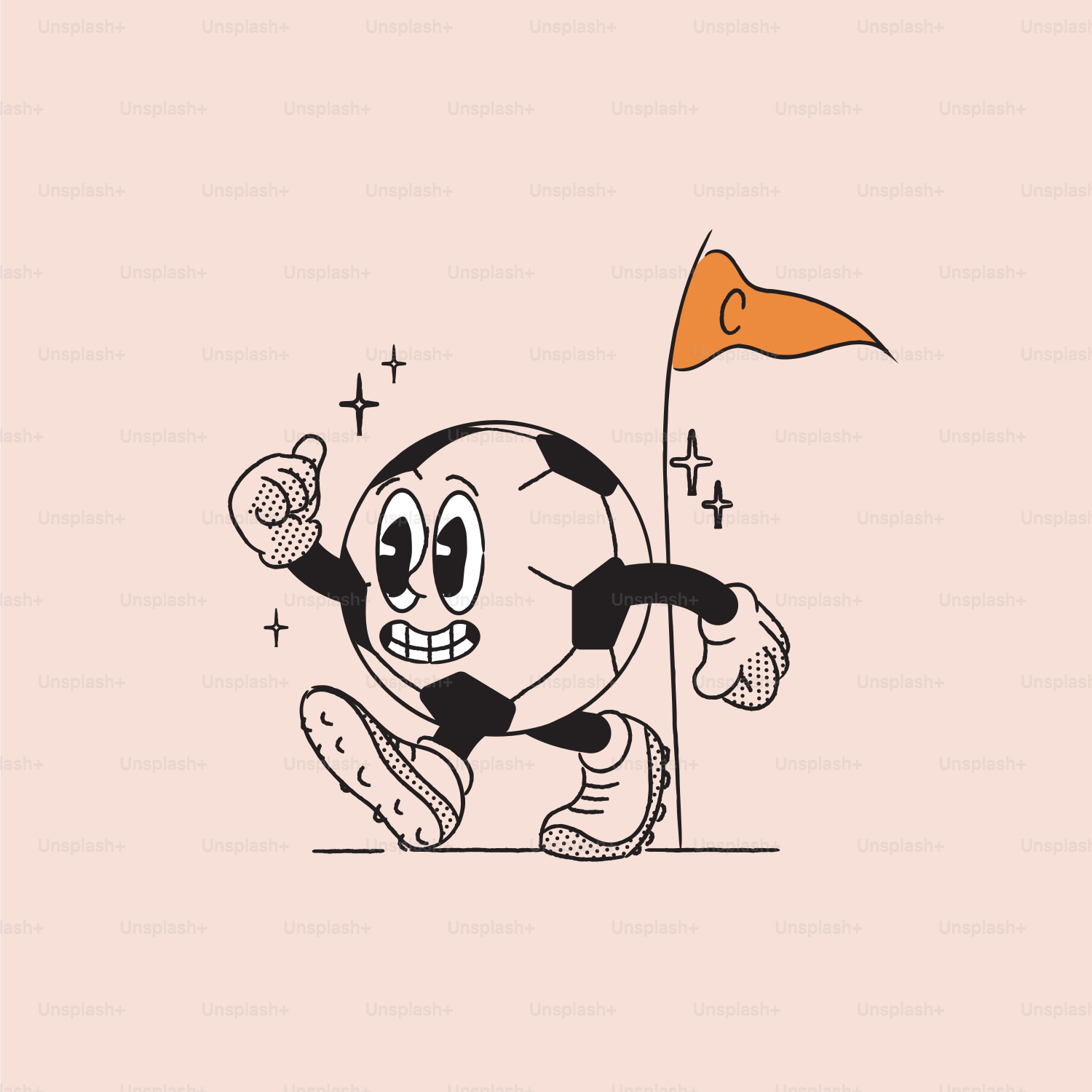 A cartoon character holding a flag on a pink background