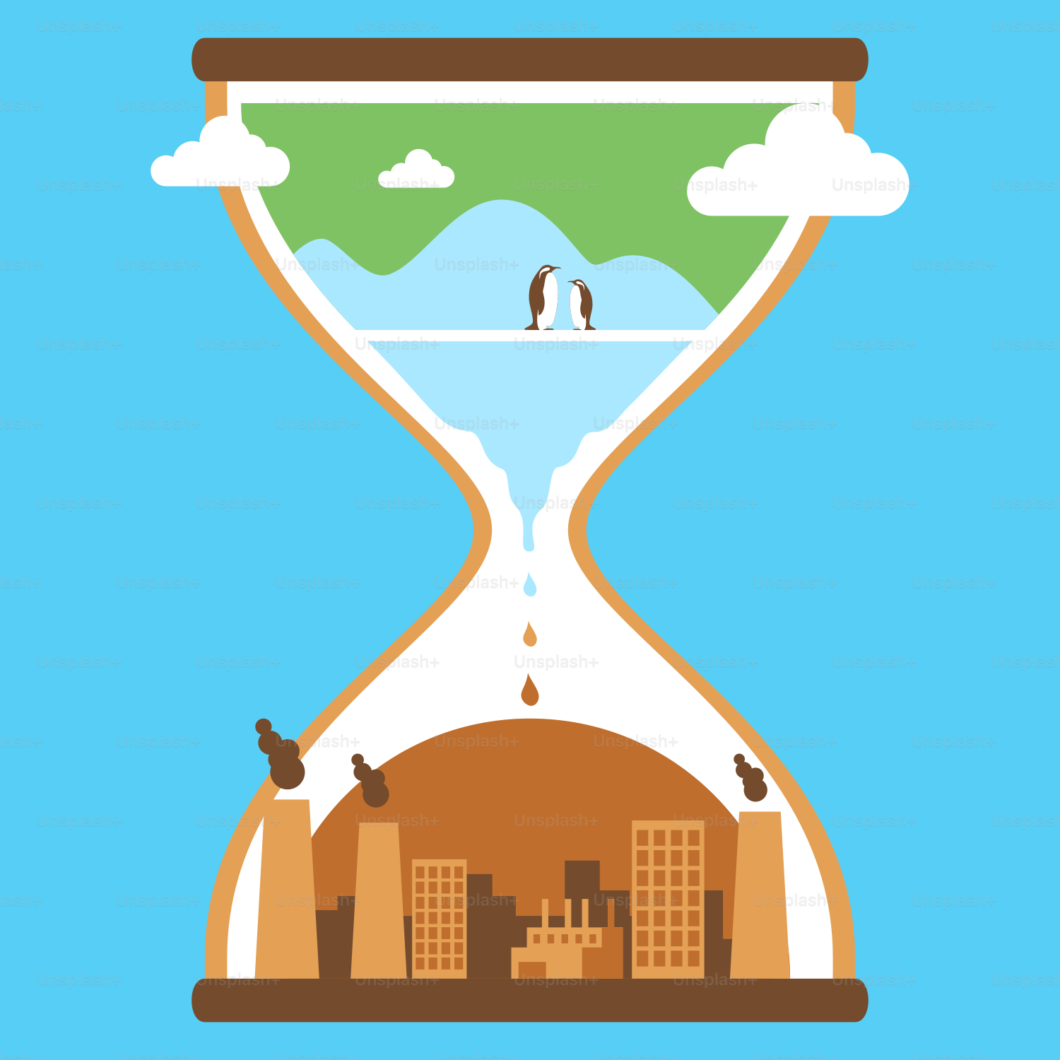 Un reloj de arena con una ciudad al fondo