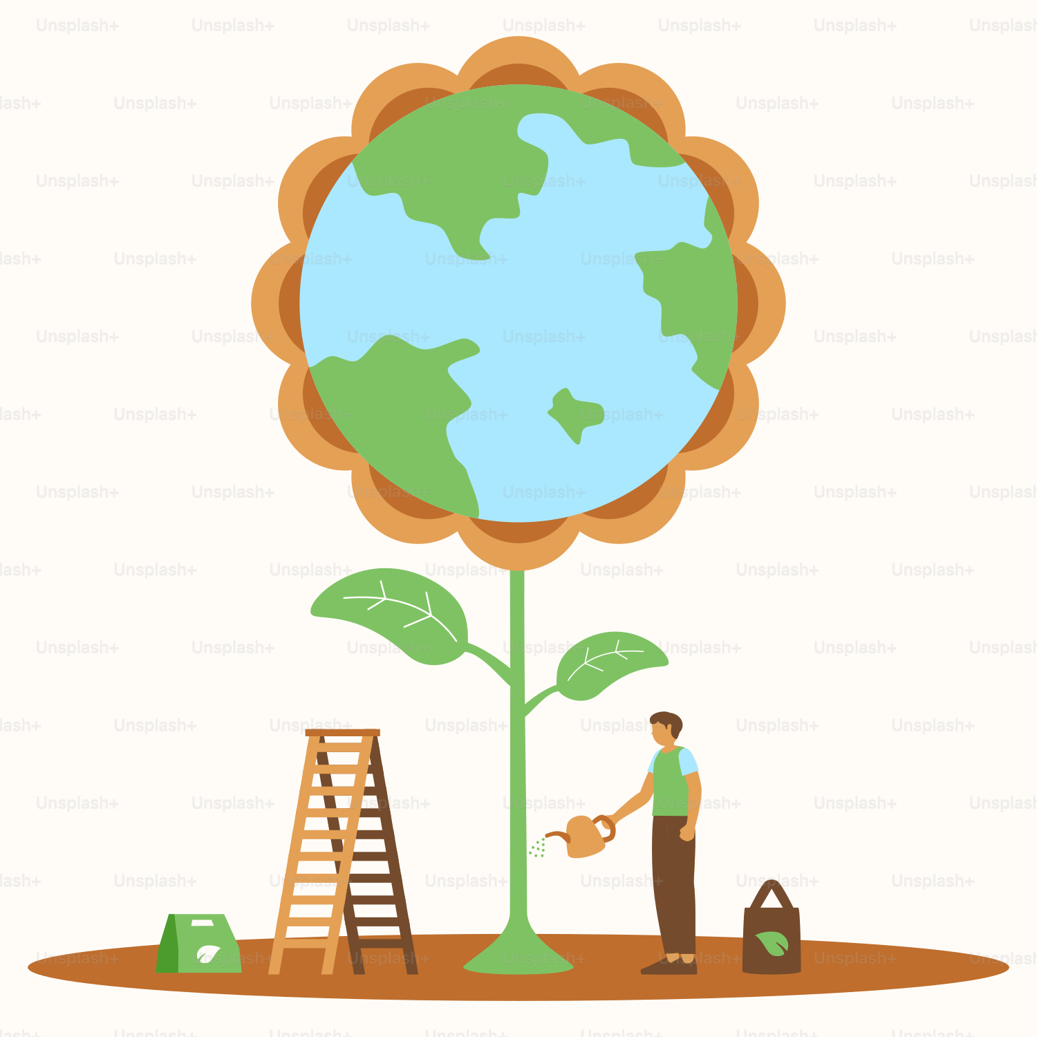 はしごを持って木のそばに立つ男