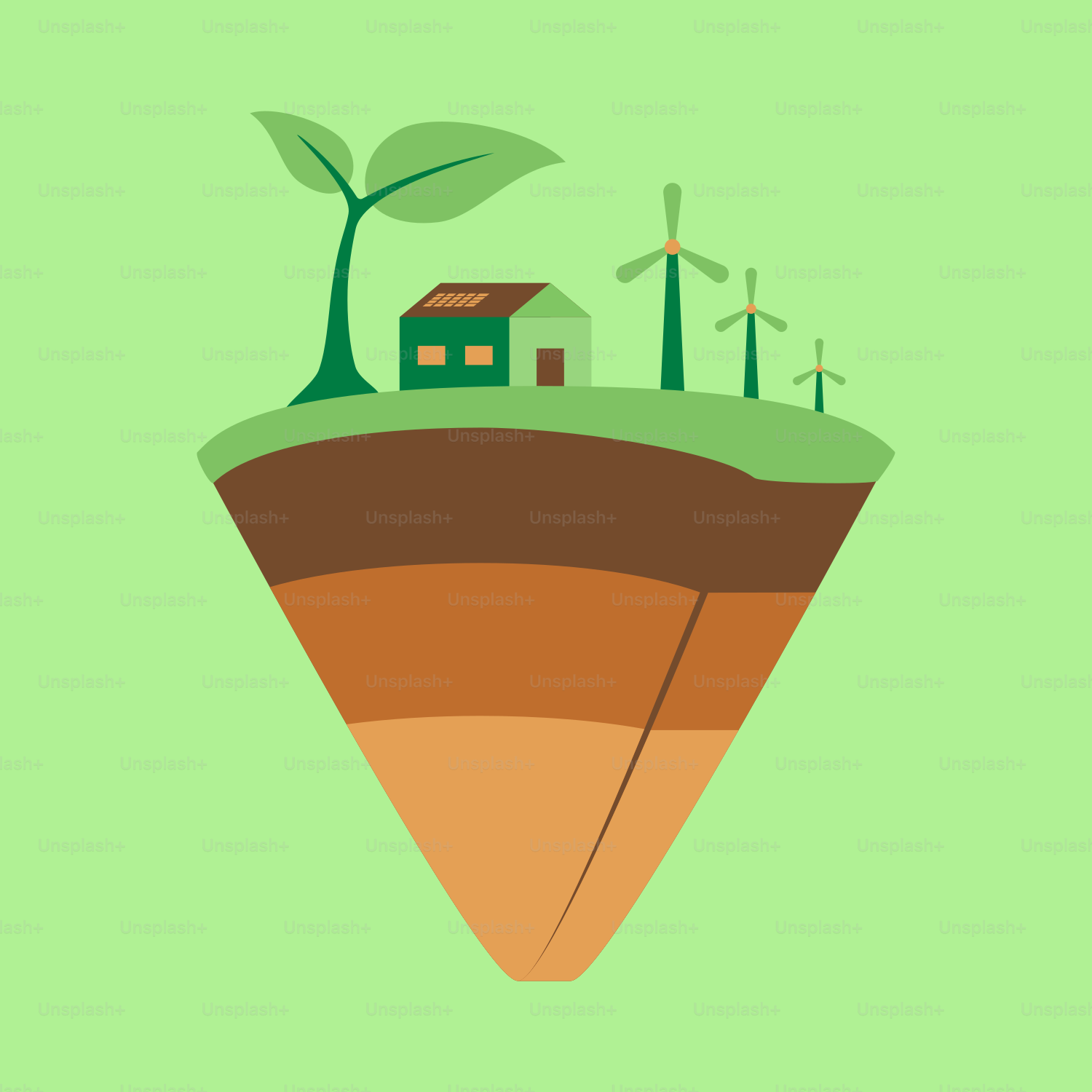 A green island with a house and windmills