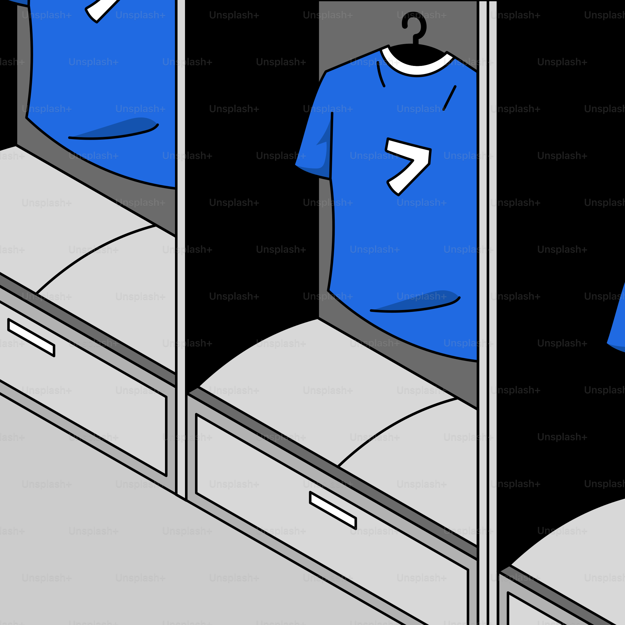A blue shirt is hanging in a closet