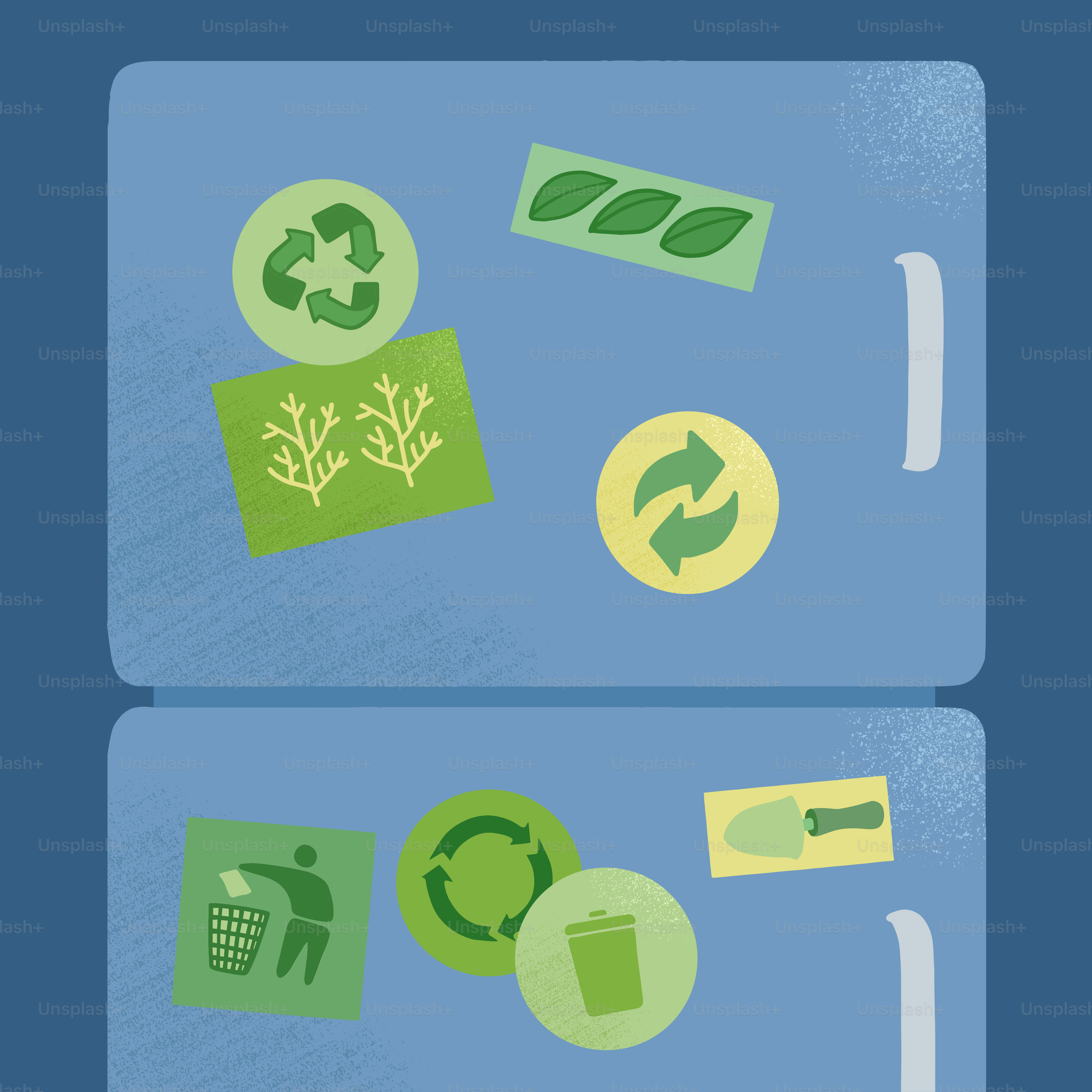 Uma geladeira azul com vários adesivos verdes