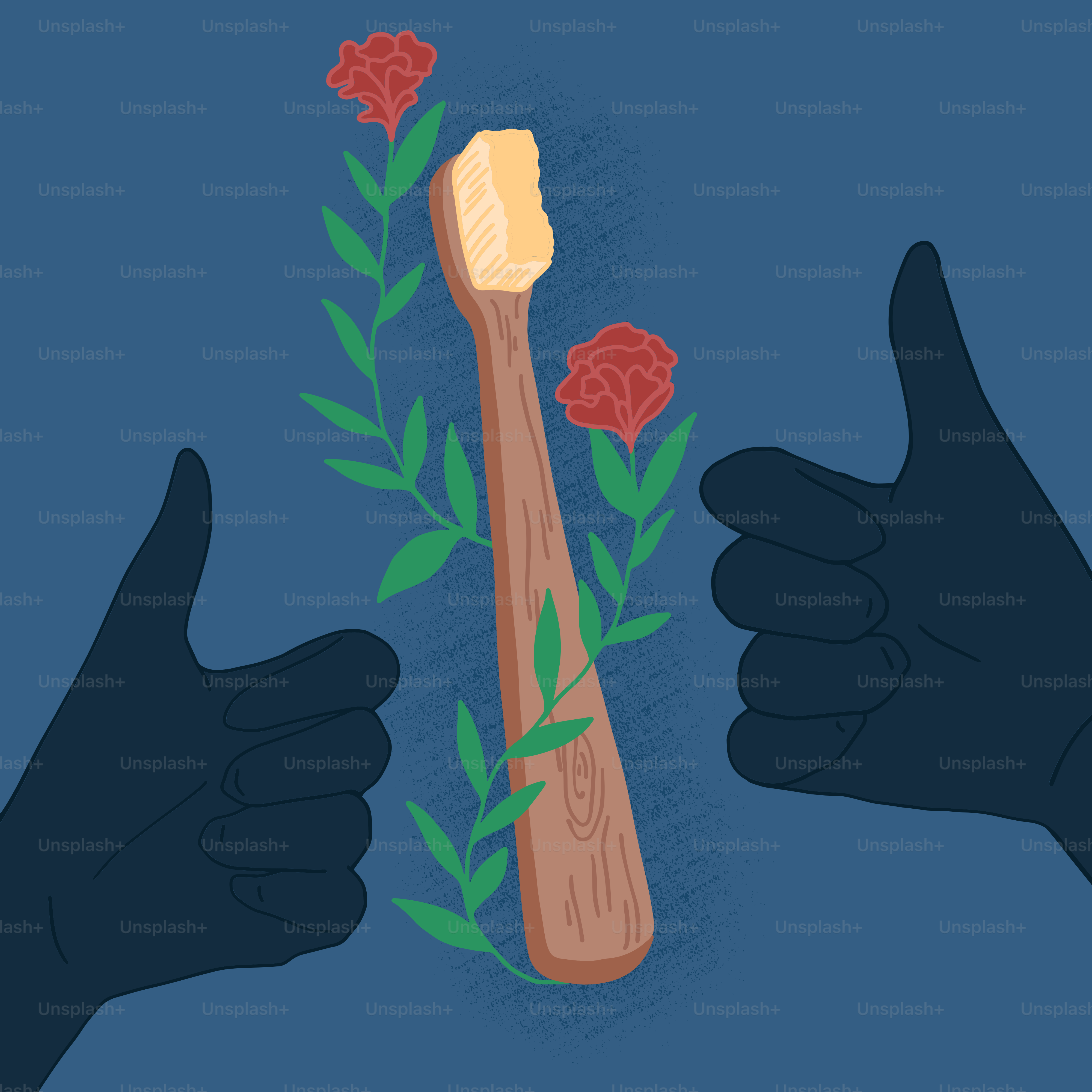 Duas mãos segurando uma escova de dentes com rosas