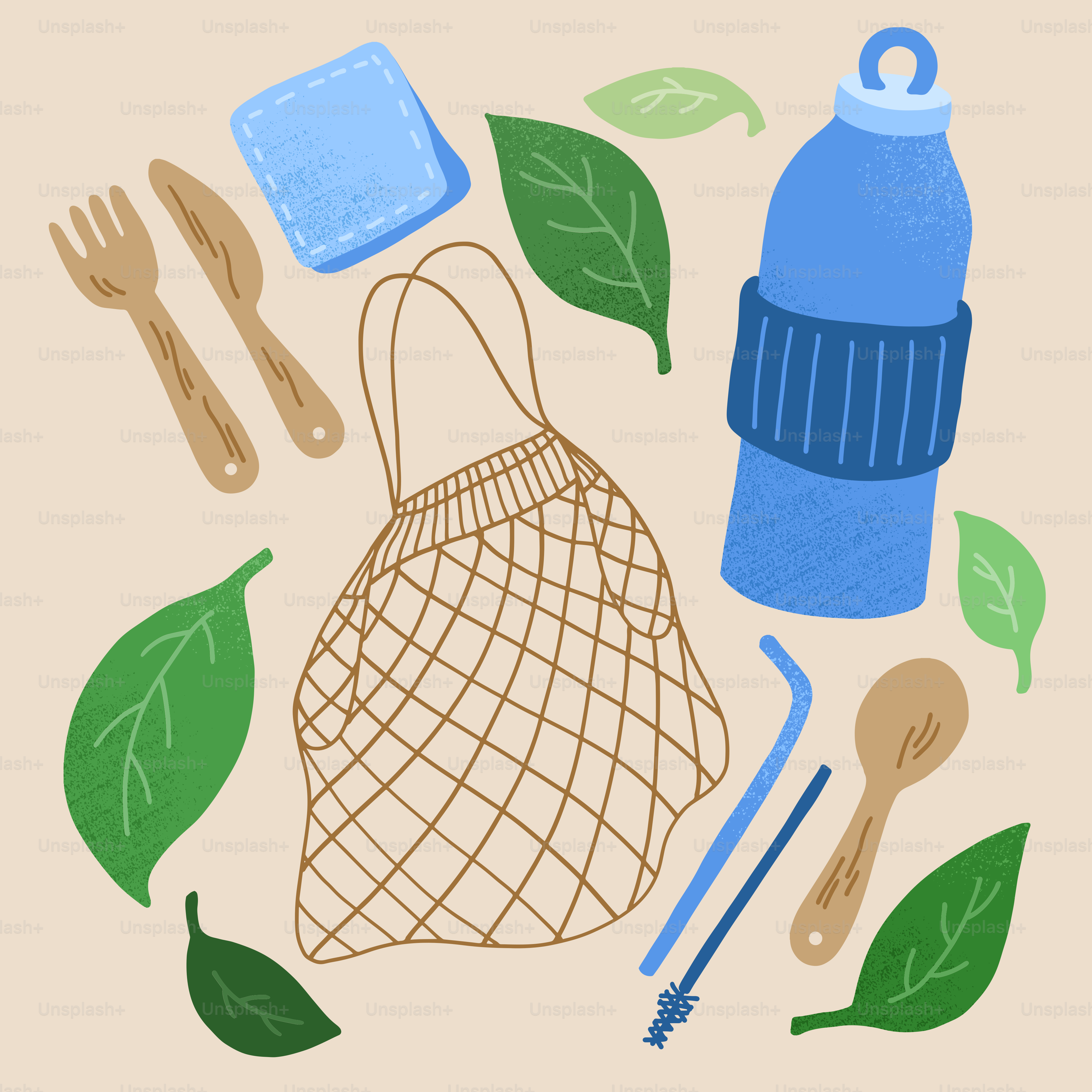 Uma imagem de uma bolsa, uma garrafa, um garfo, uma colher e um