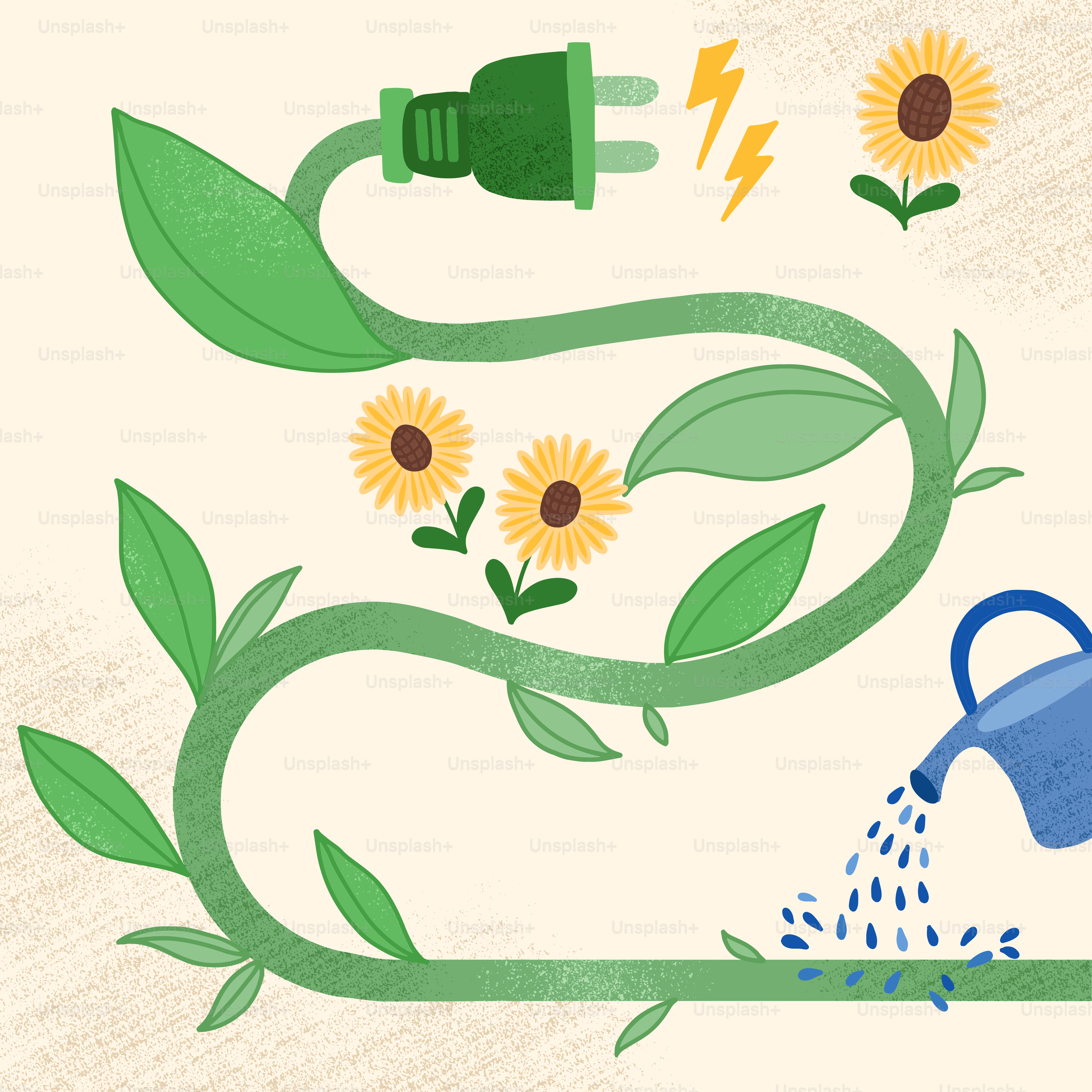 A picture of a watering can and flowers