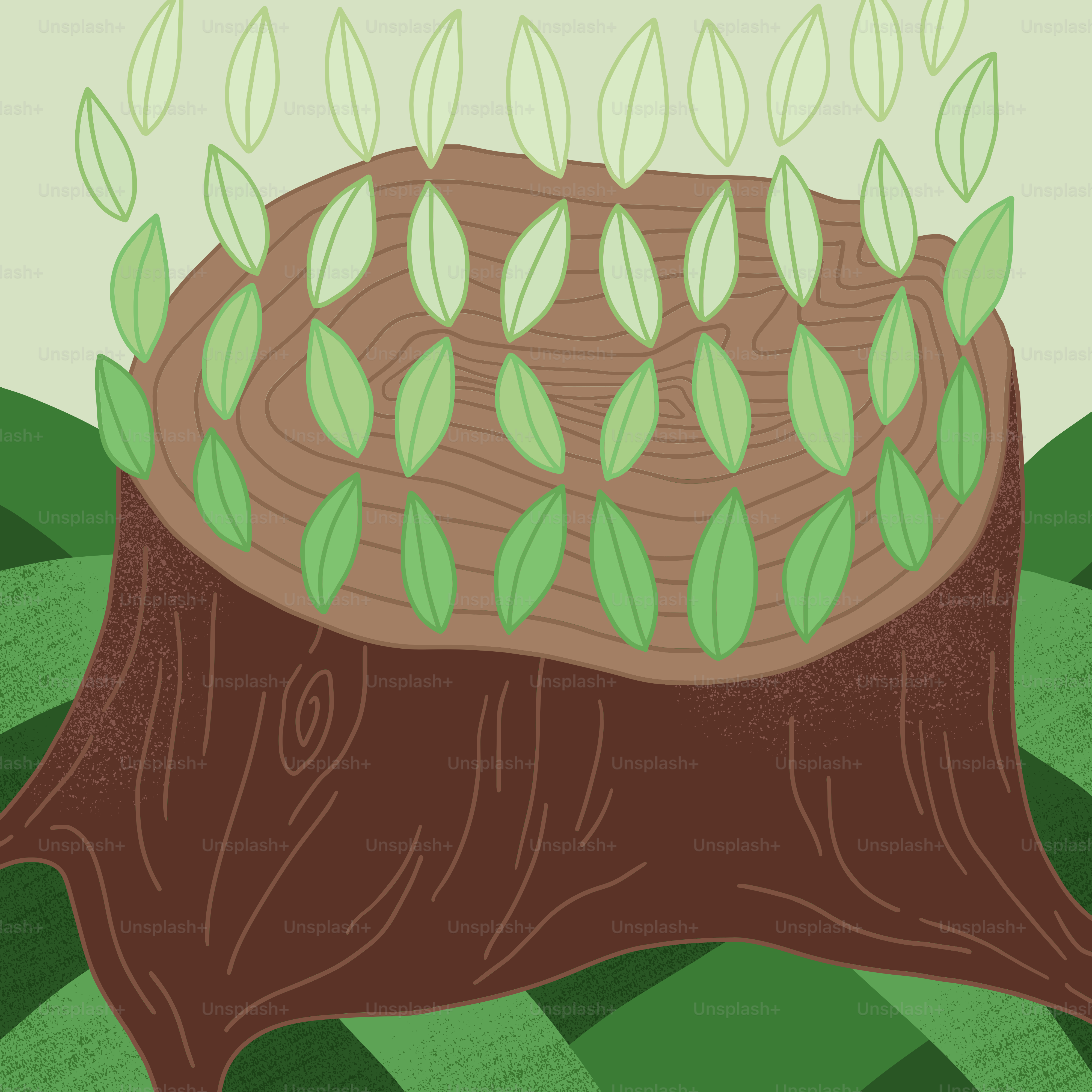 Um desenho de um toco de árvore com folhas saindo dele