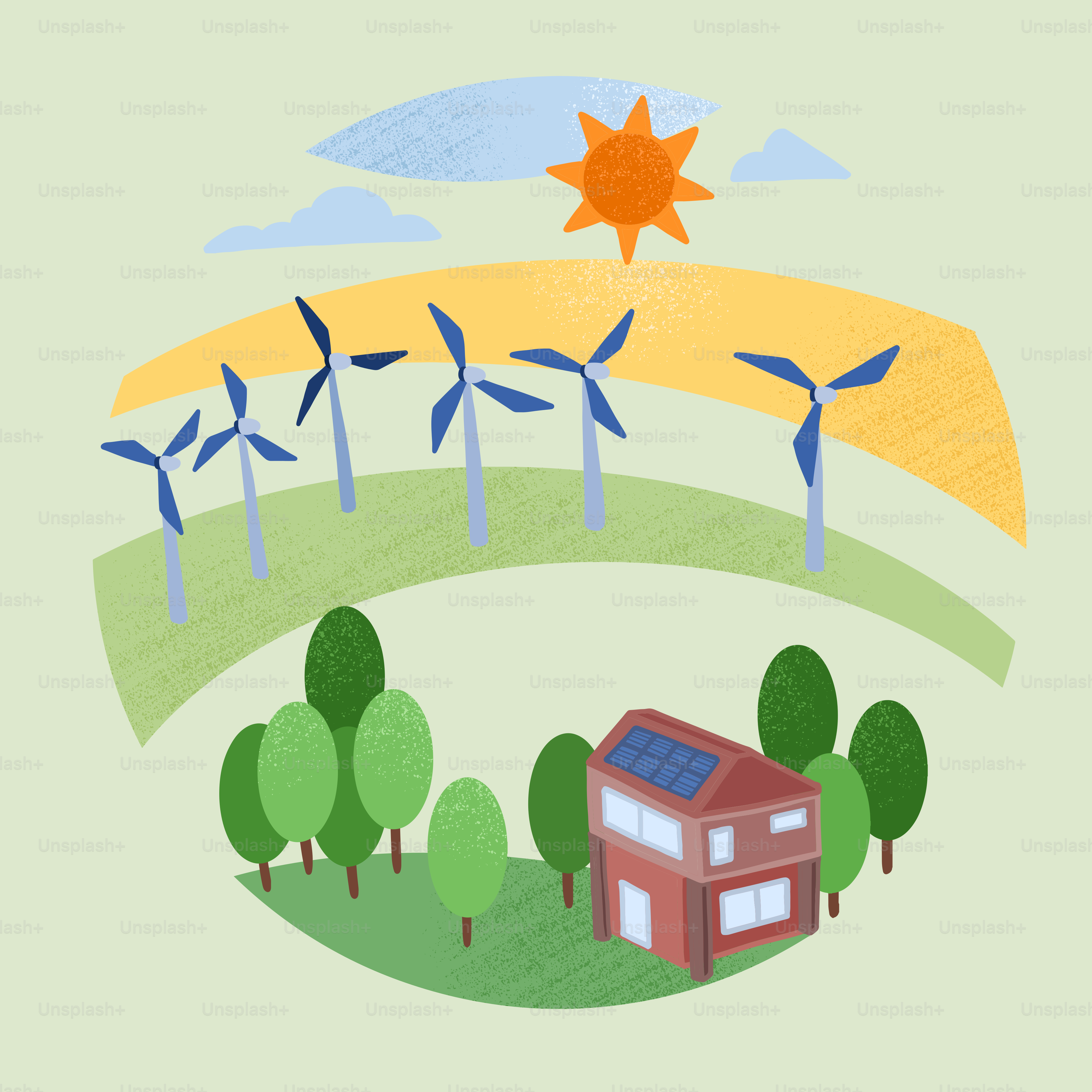 Um desenho de uma casa e moinhos de vento em um campo