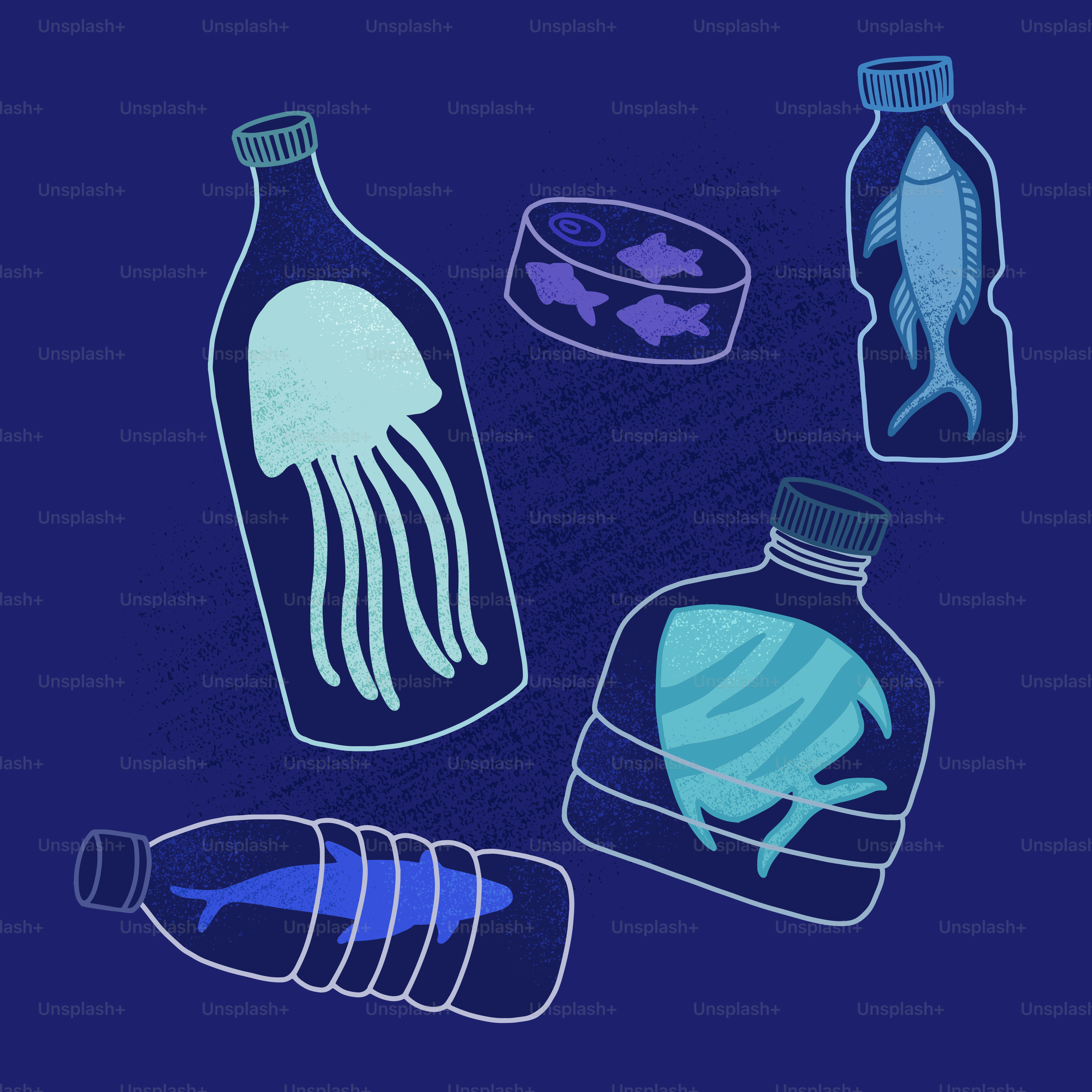 さまざまな種類の動物が入った瓶のグループ