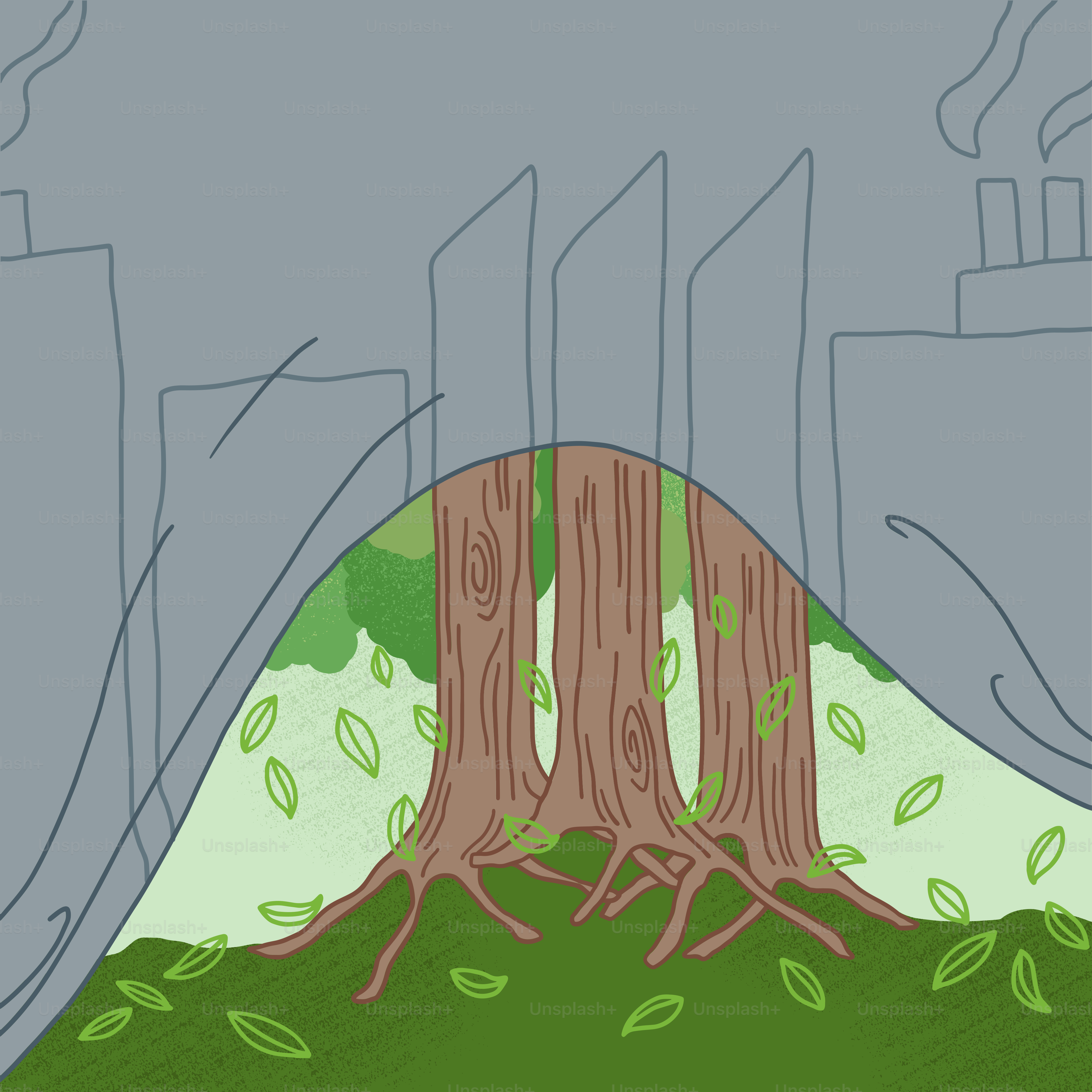 Eine Zeichnung eines Baumes, aus dem viel Rauch aufsteigt
