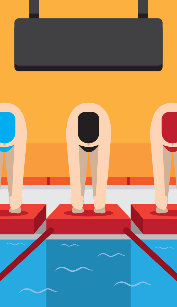 Three people are standing on the edge of a swimming pool