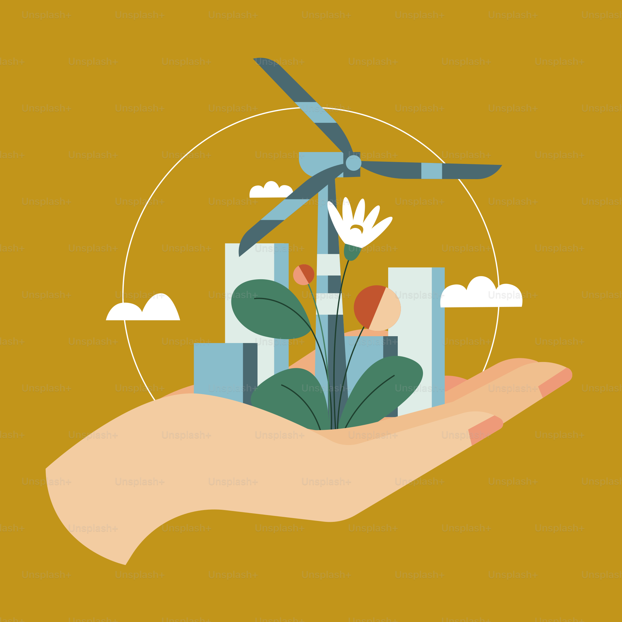 A hand holding a plant and a wind turbine