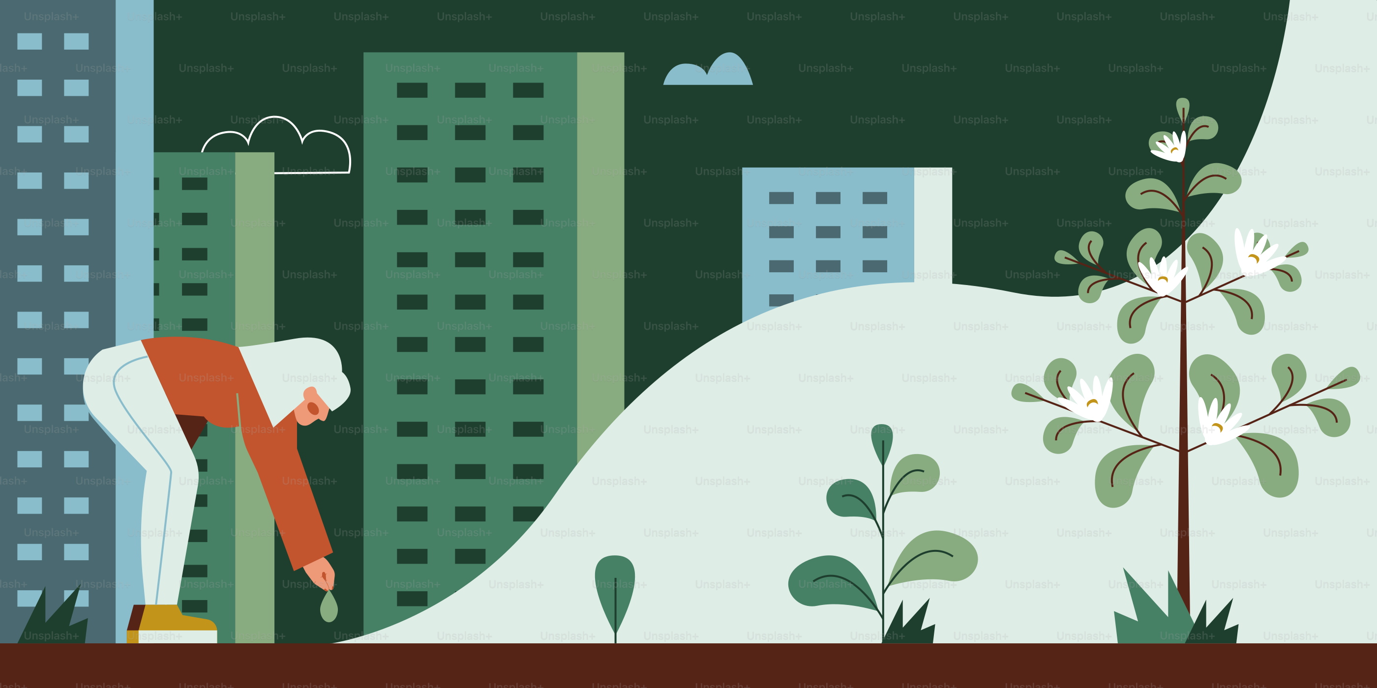 A man standing on top of a hill next to tall buildings