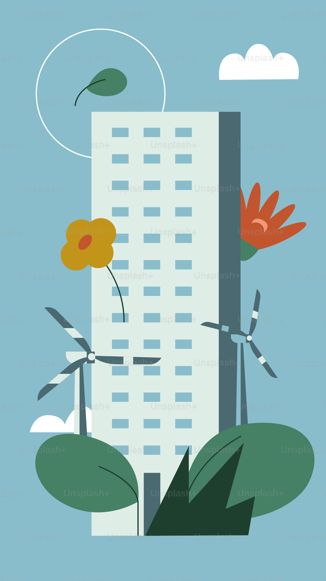 A tall building with a flower on top of it