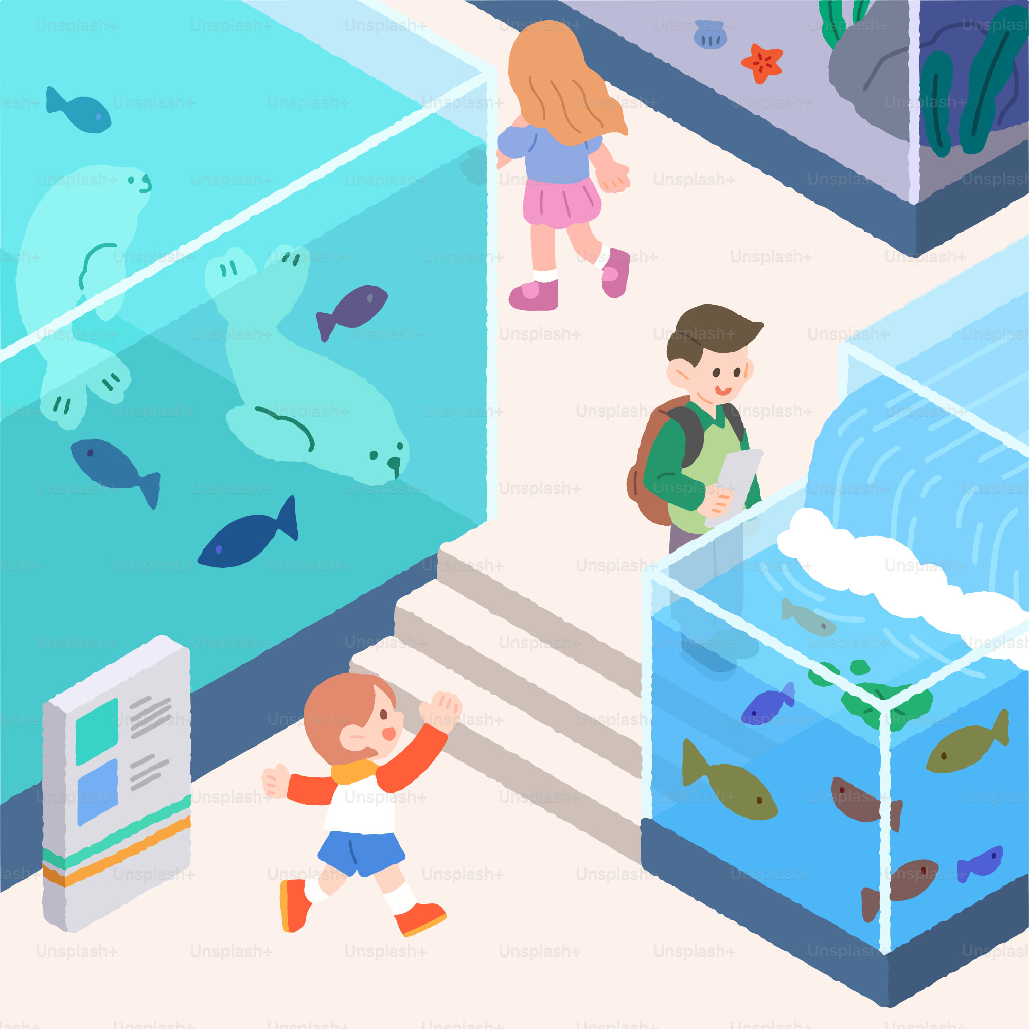 A group of people standing around a fish tank