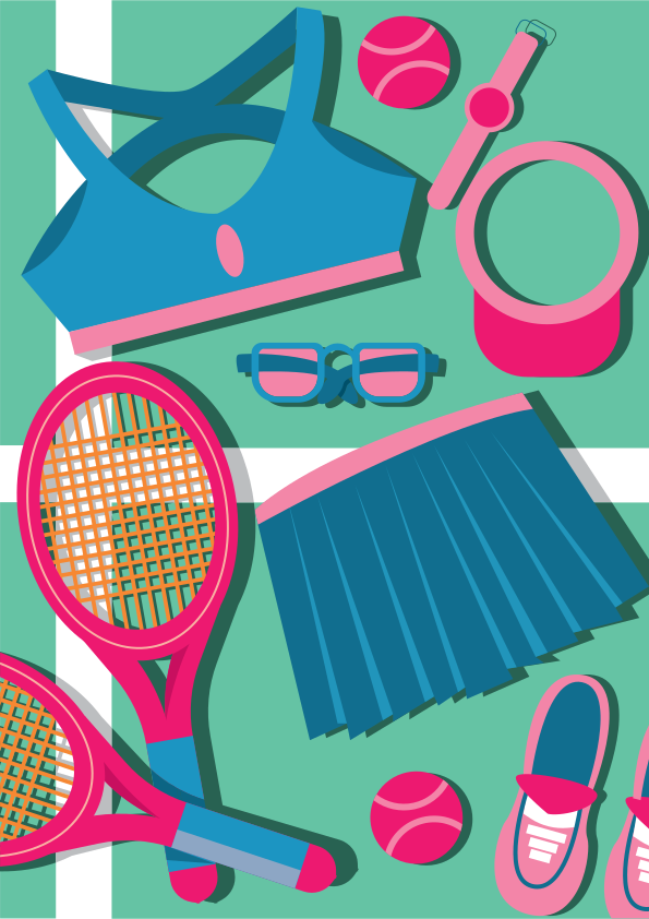 A tennis racket, shoes, and other items on a green and white background