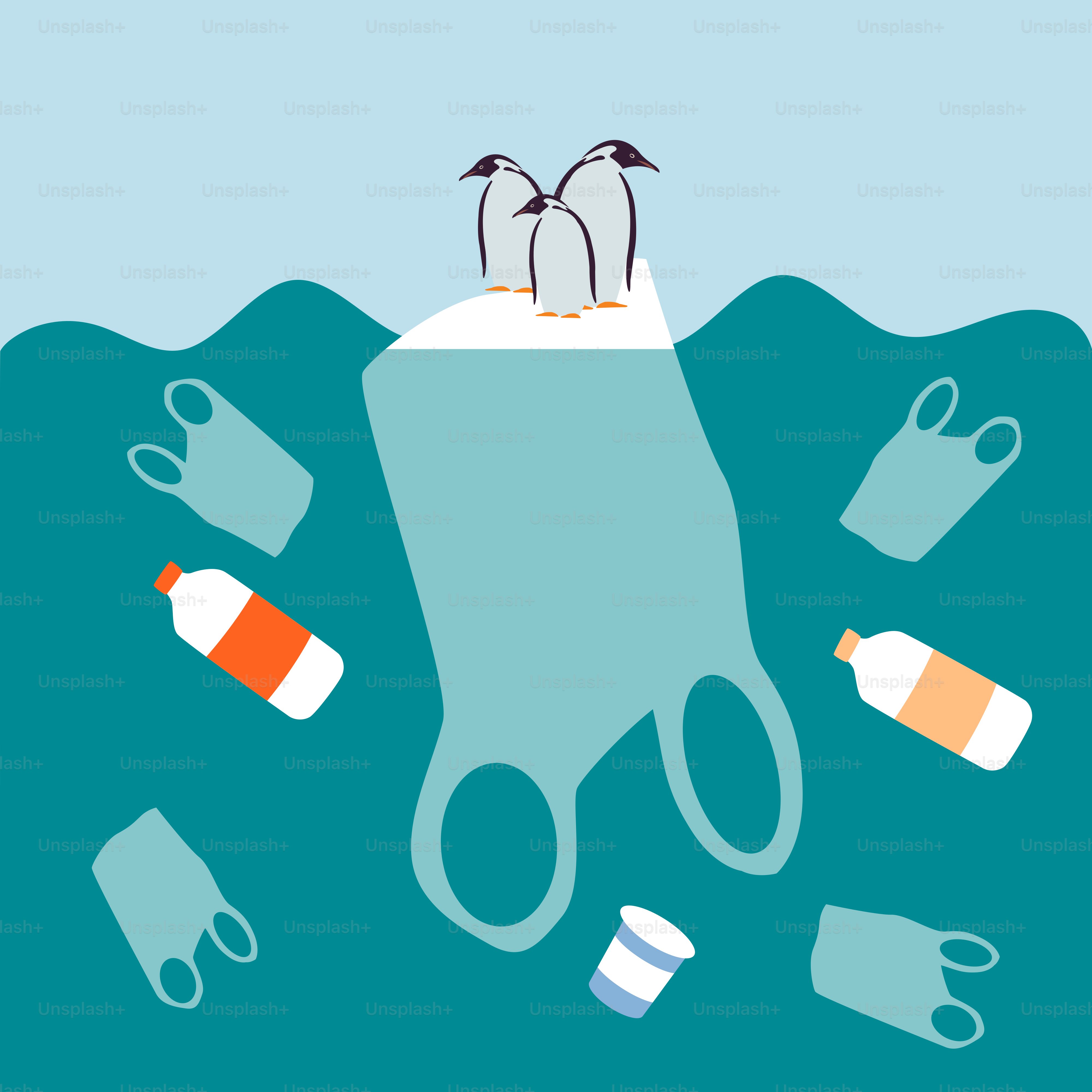 Two birds standing on top of an iceberg surrounded by trash