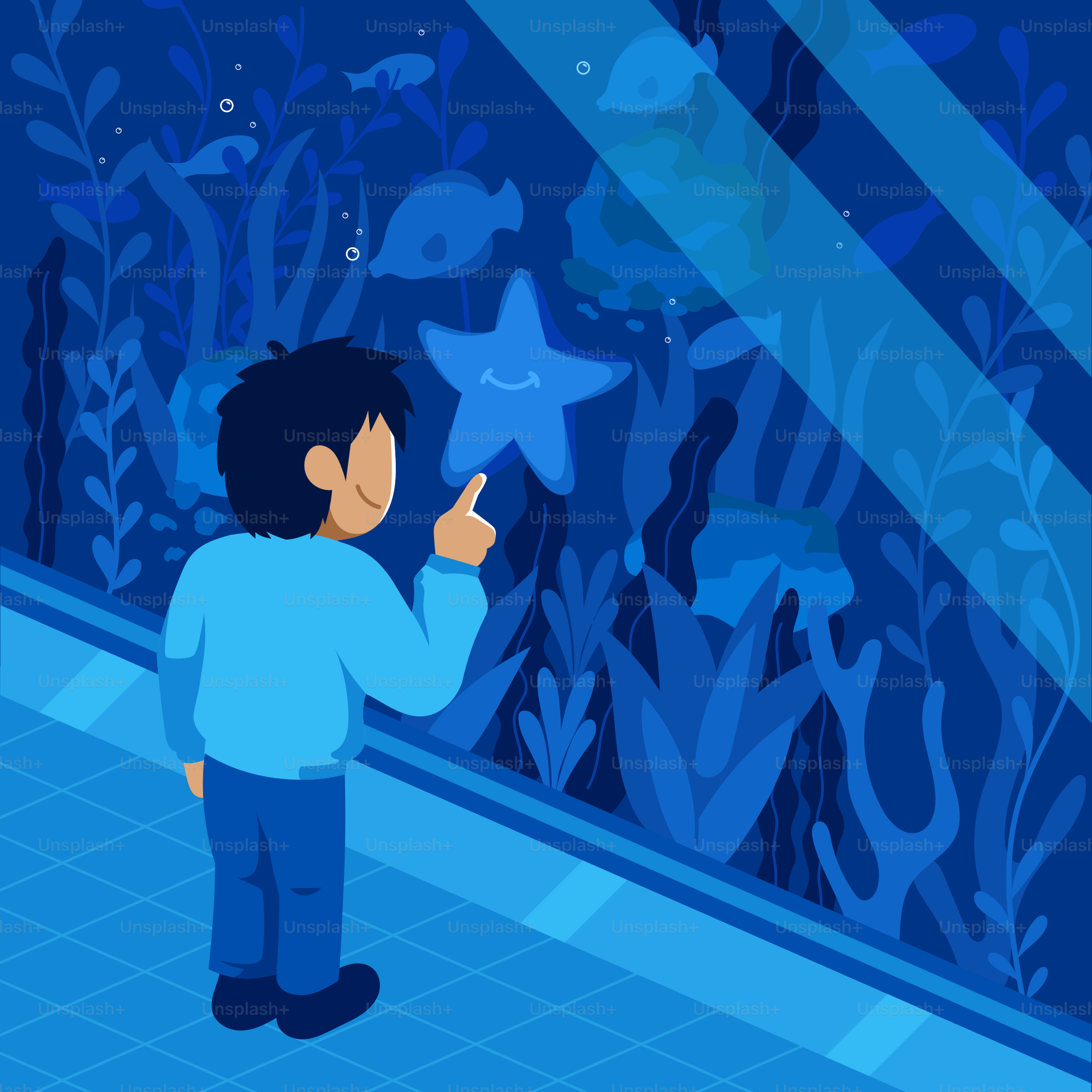 A little boy standing in front of a fish tank
