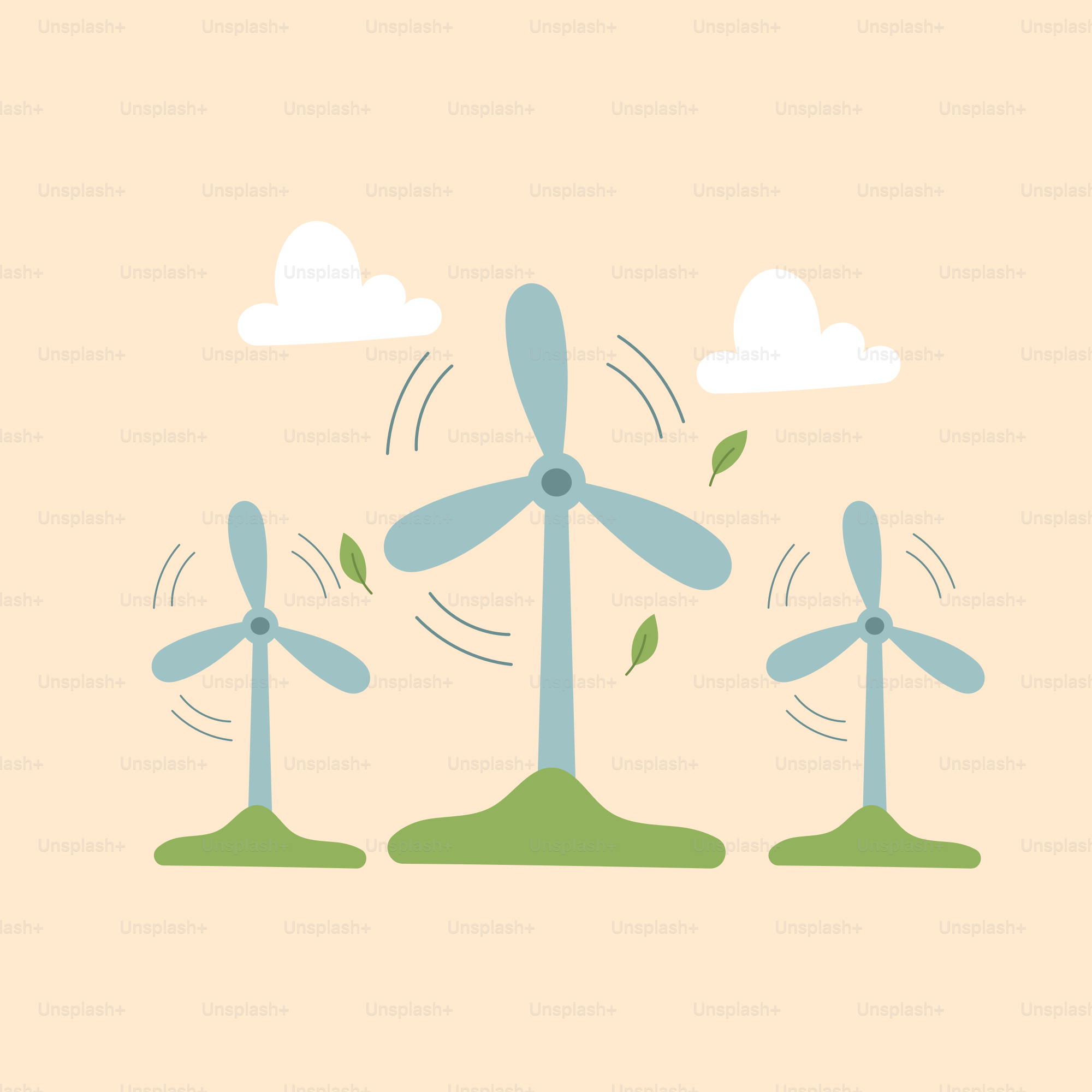 A group of three windmills with a sky background