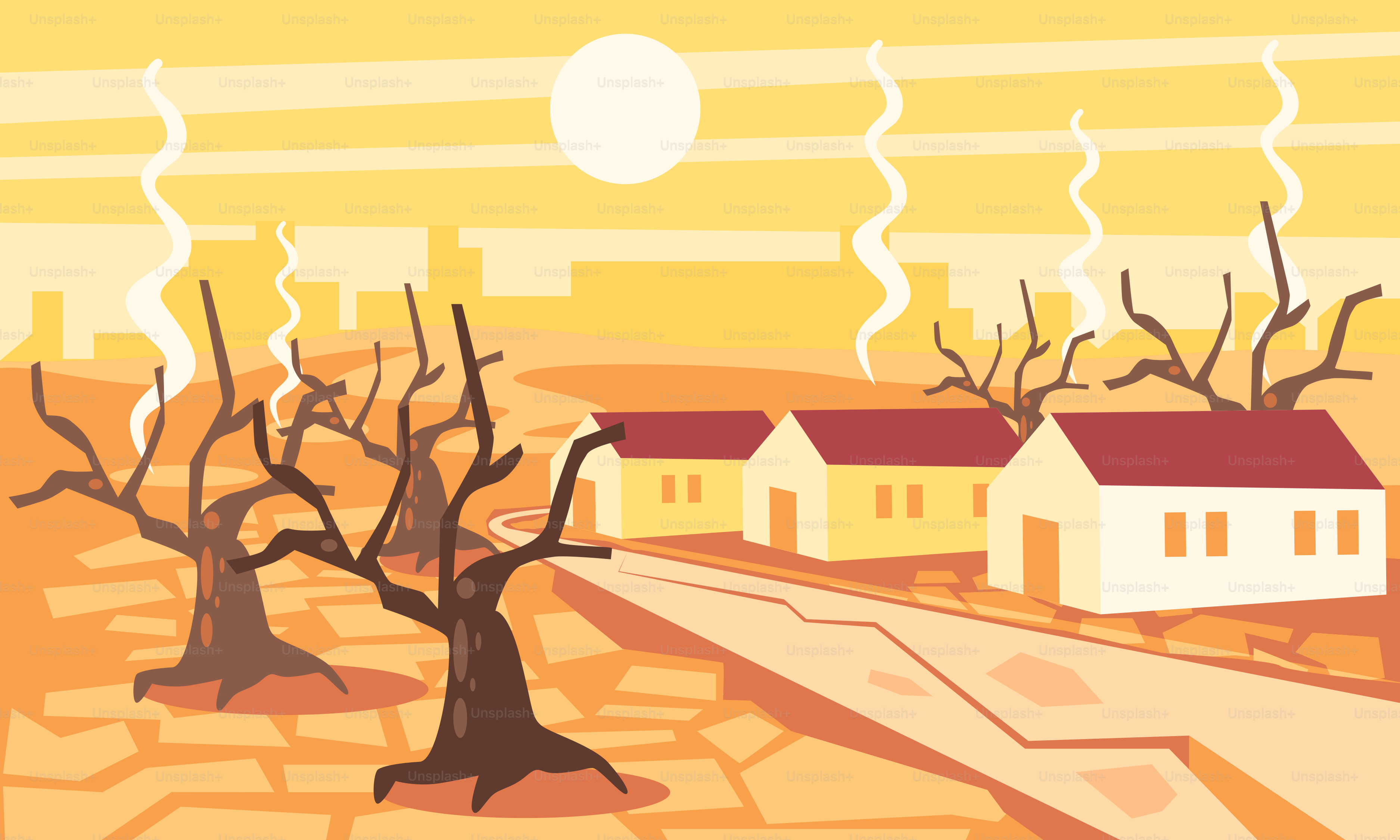 A painting of a street with houses and trees