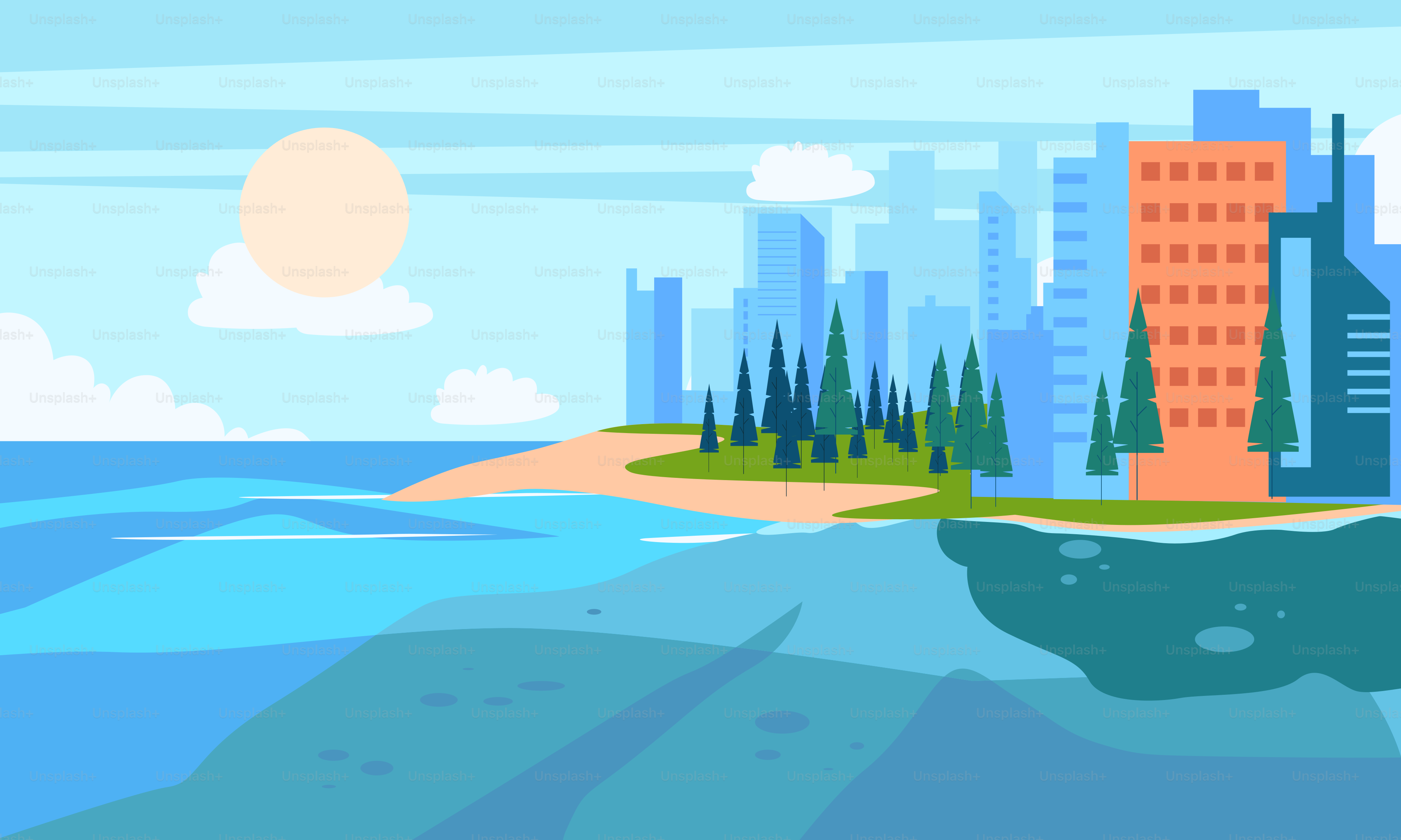 A cartoon of a city on an island in the middle of the ocean