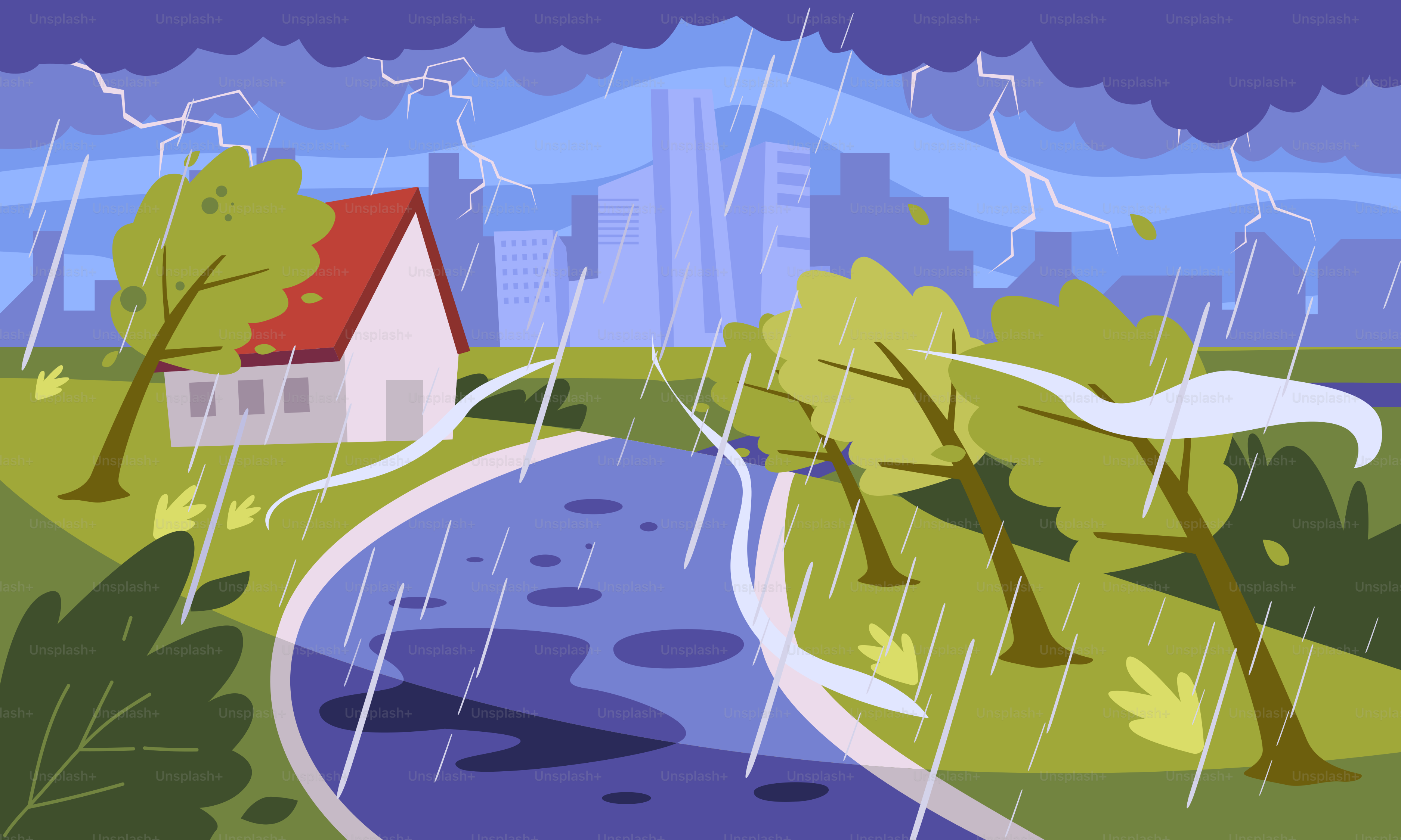 A painting of a house in the rain