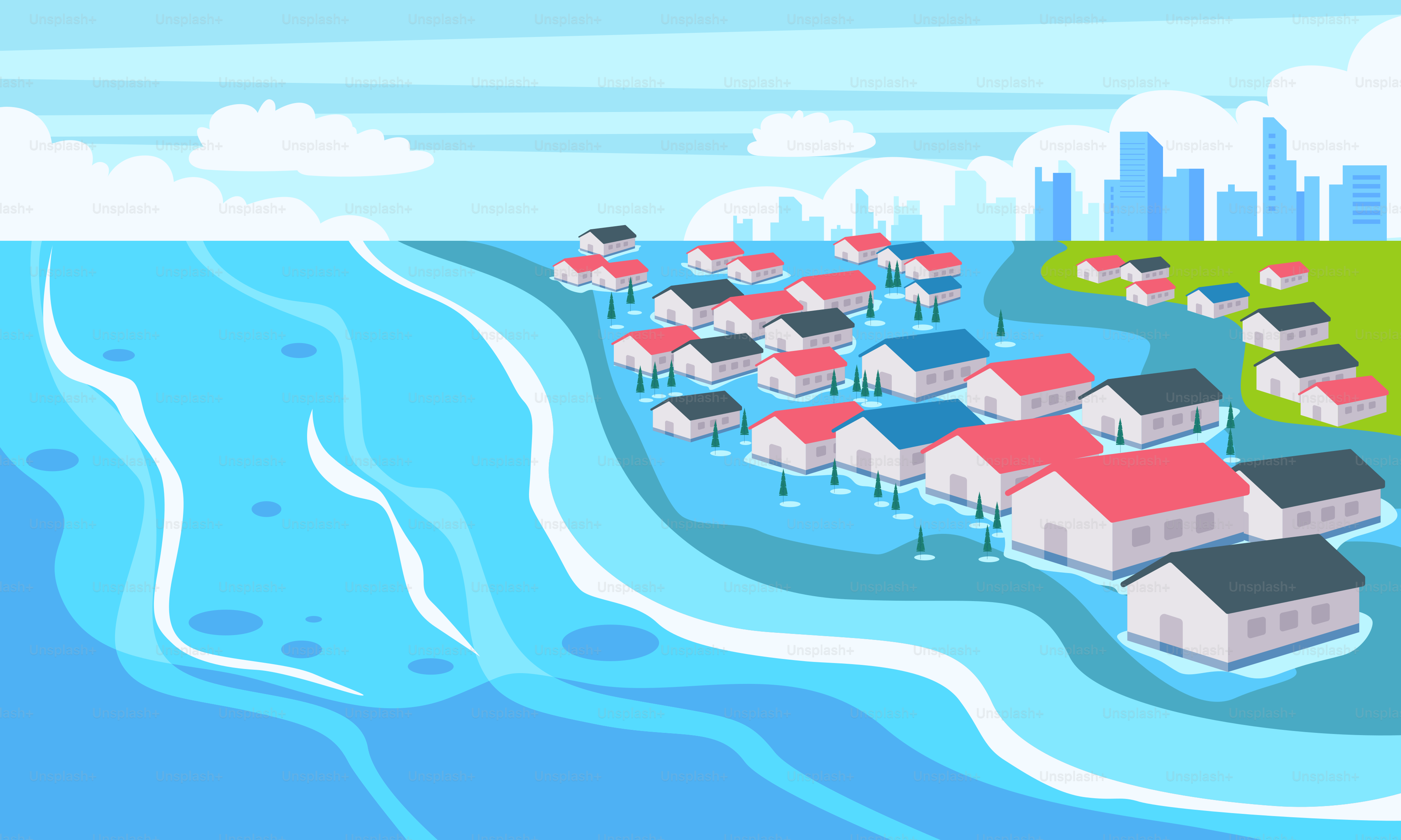 A cartoon picture of a beach with houses on it