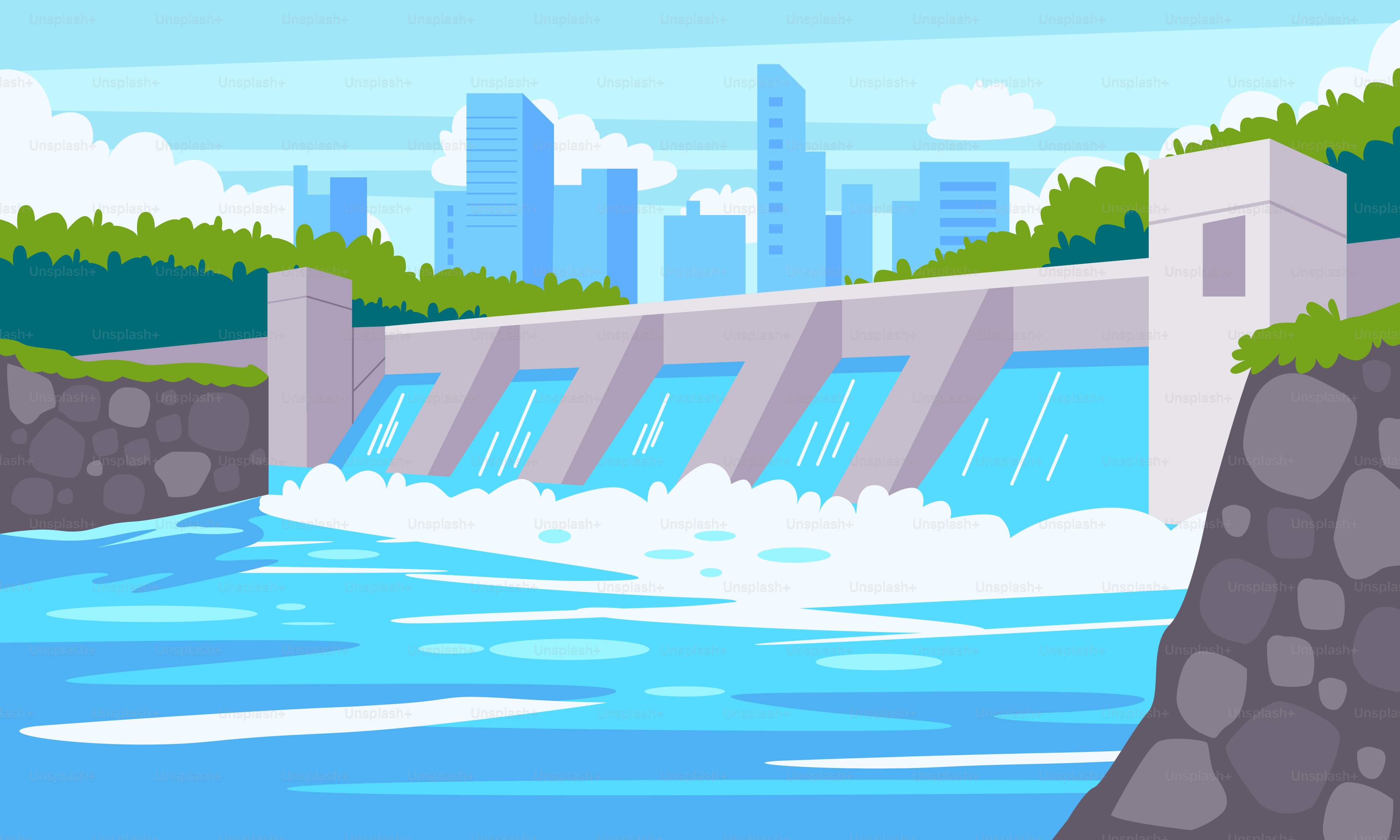 A cartoon picture of a waterfall with a city in the background
