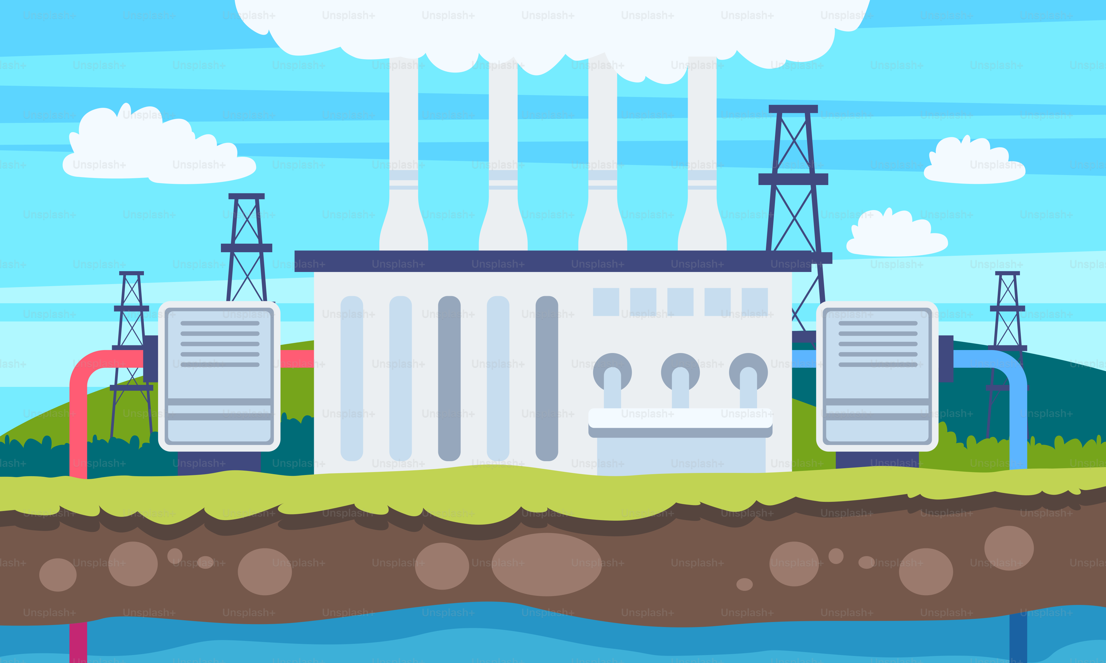 An illustration of a factory with pipes and power lines