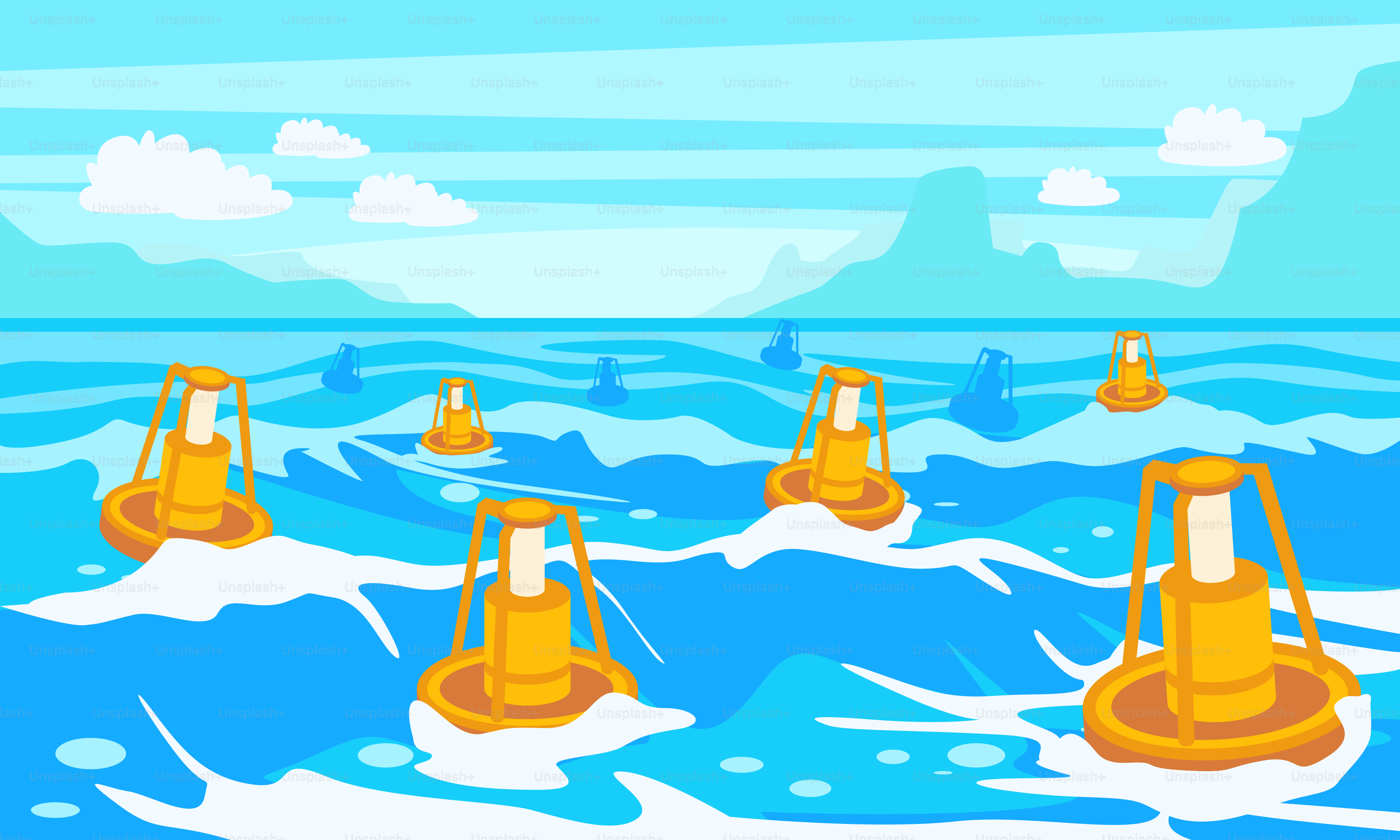 A group of yellow boats floating on top of a body of water