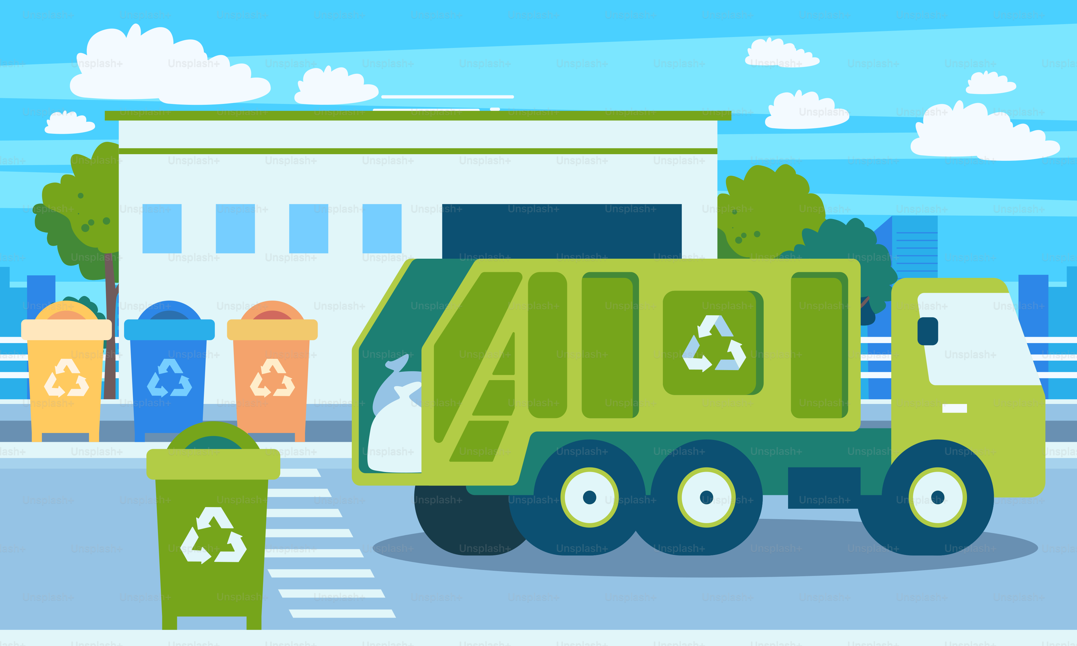 A green garbage truck parked in front of a building