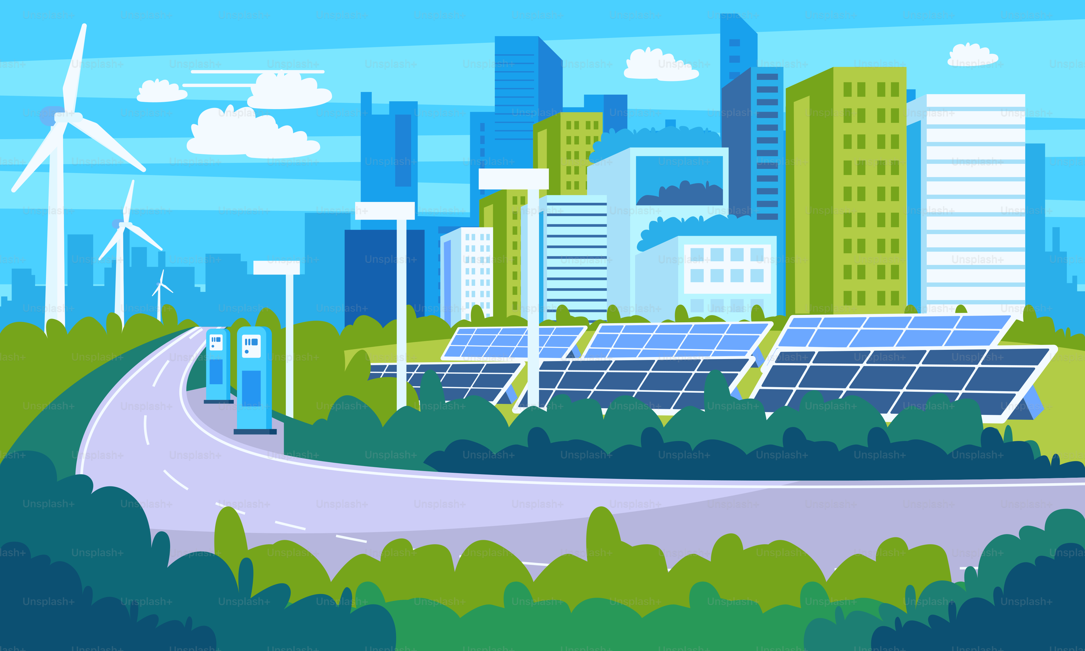 An image of a city with solar panels